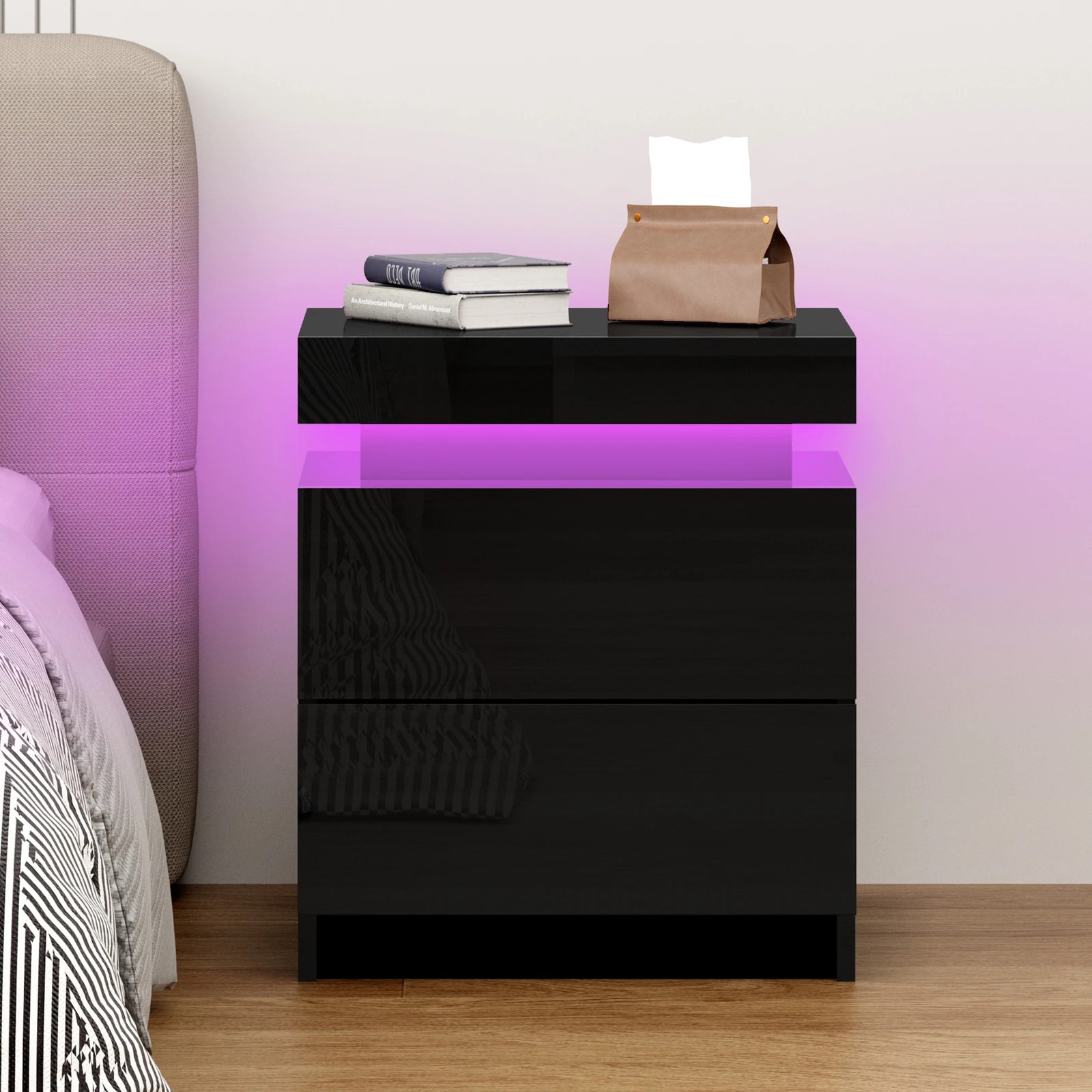 6 Alfordson Bedside Table RGB LED Nightstand 2 Drawers 4 Side High Gloss - Black, 6 of 10