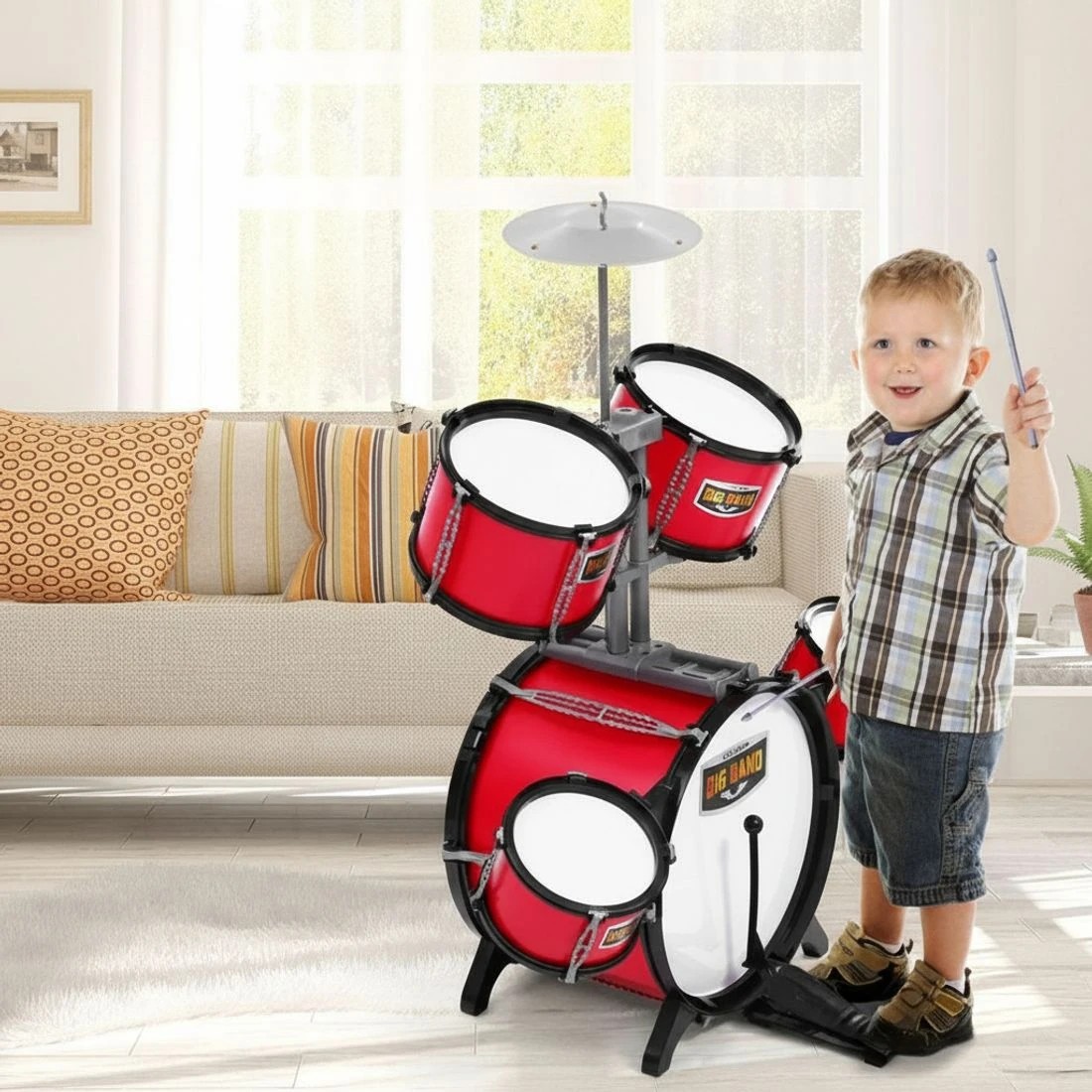 5 Keezi Kids Drum Kit Set Pretend Play Junior Drums Musical Toys Childrens 7pcs - Red, 5 of 6