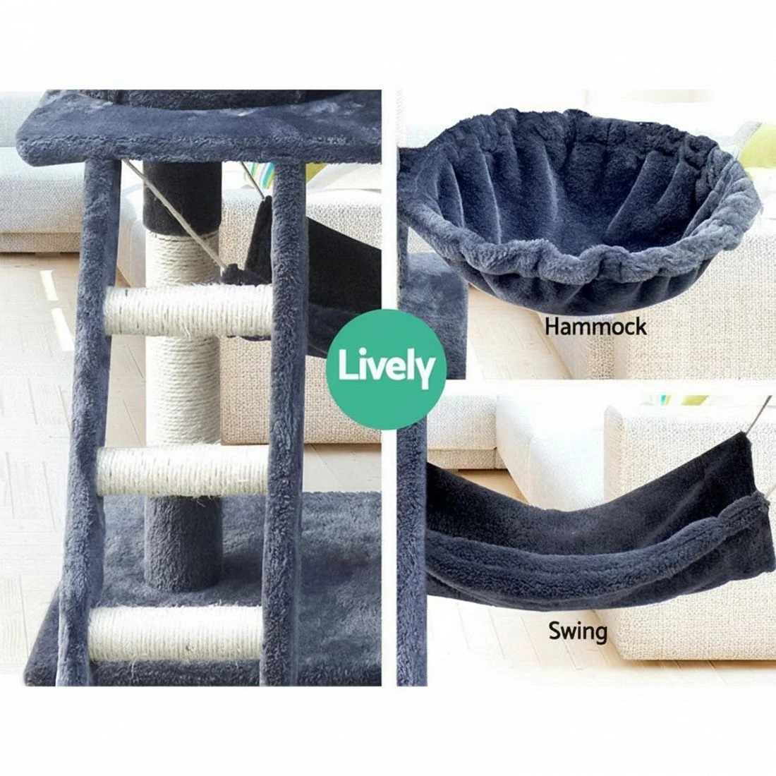 6 i.Pet Cat Tree 141cm Tower Scratching Post Scratcher Condo Wood House Bed - Grey, 6 of 7