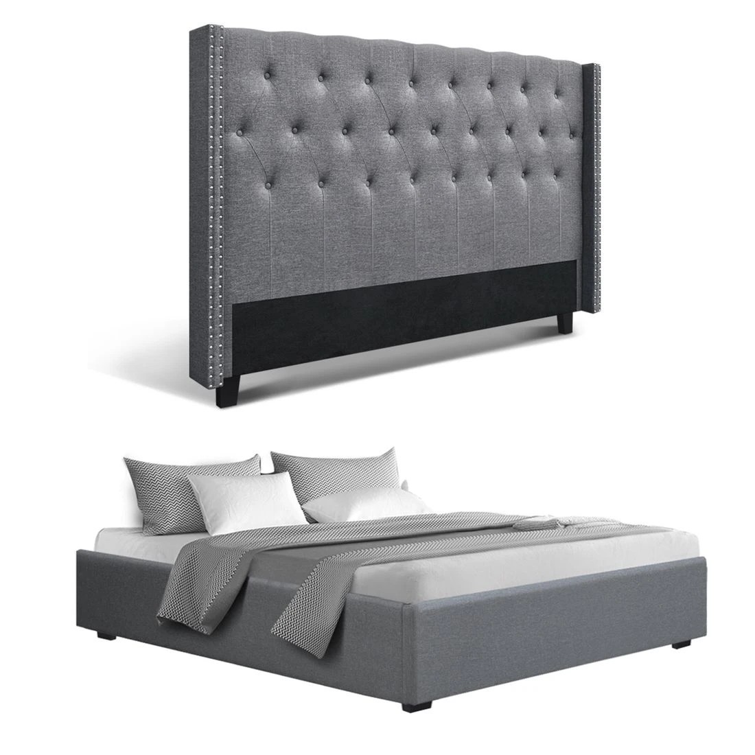 3 Artiss King Bed Frame Storage Tufted Headboard Gas Lift Base - Grey, 3 of 10