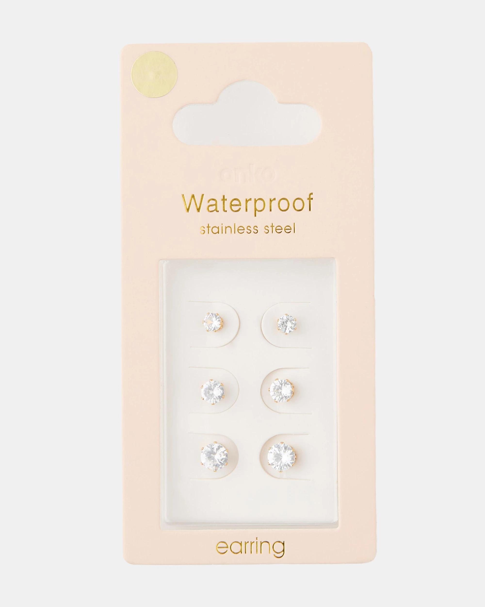 4 3 Pack Waterproof Stainless Steel Round Stud Earrings - Gold Tone Gold, 4 of 5