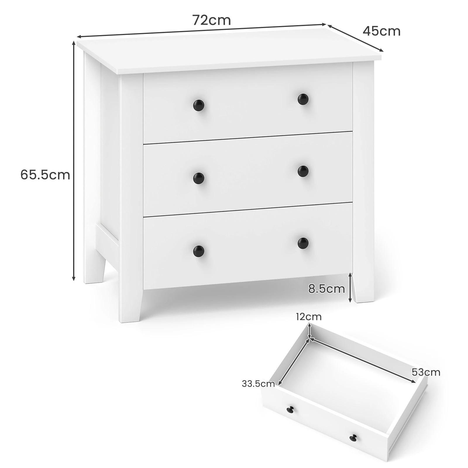 4 Costway 3 Chest of Drawer Bedside Table 3-Drawer Dresser Nightstand Side Cabinet w/Open Shelf - White, 4 of 4