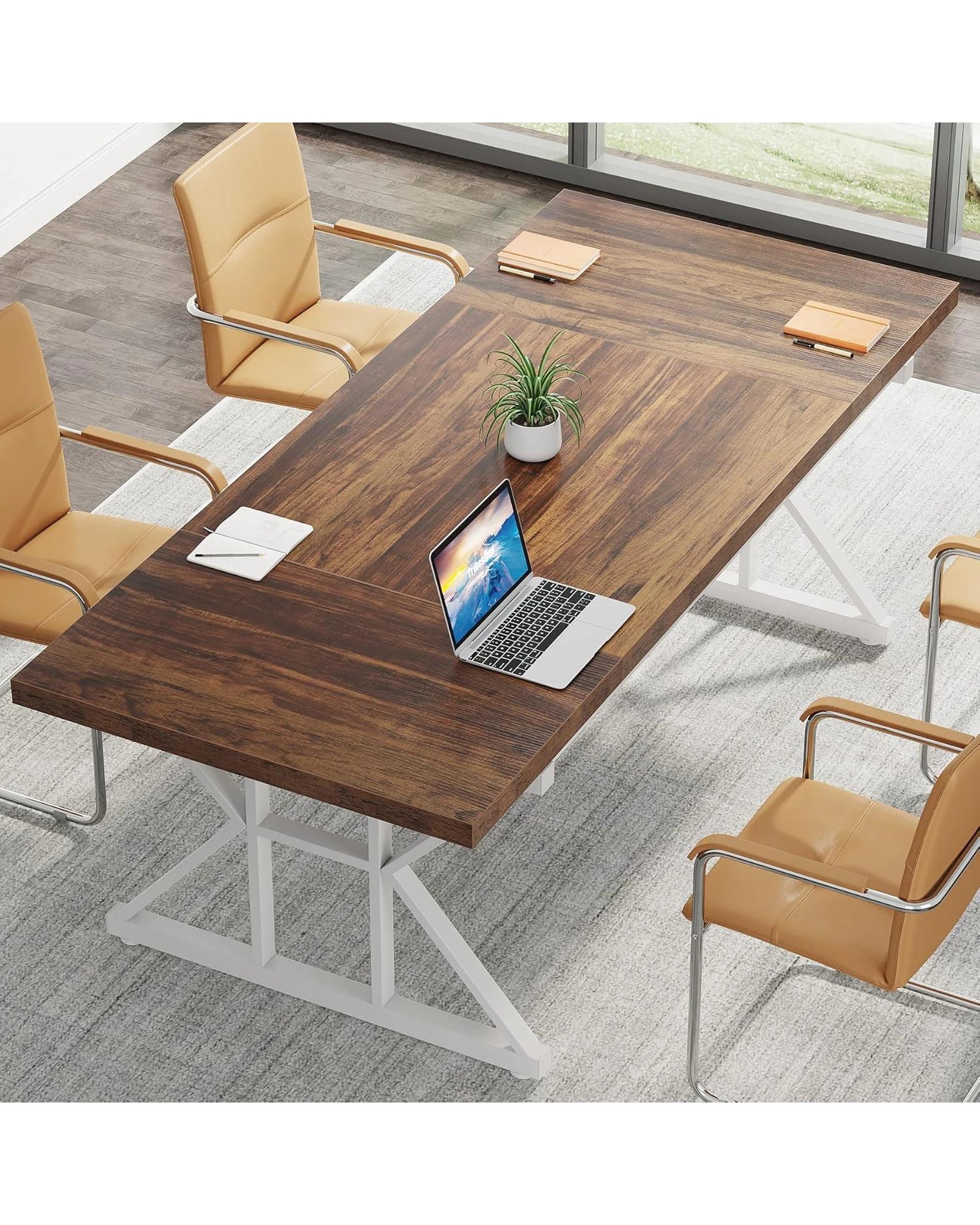3 OAKORY 180cm Home office Desk with Metal X-shaped Trestle legs Brown & White, 3 of 5
