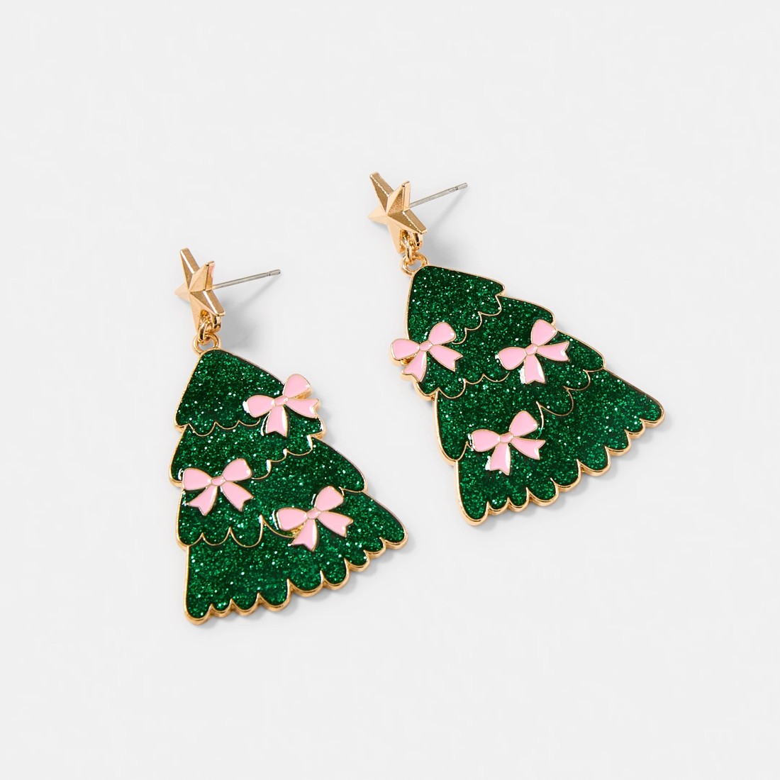 2 Christmas Bow Christmas Tree Earrings - Green, Pink and Gold Tone, 2 of 5
