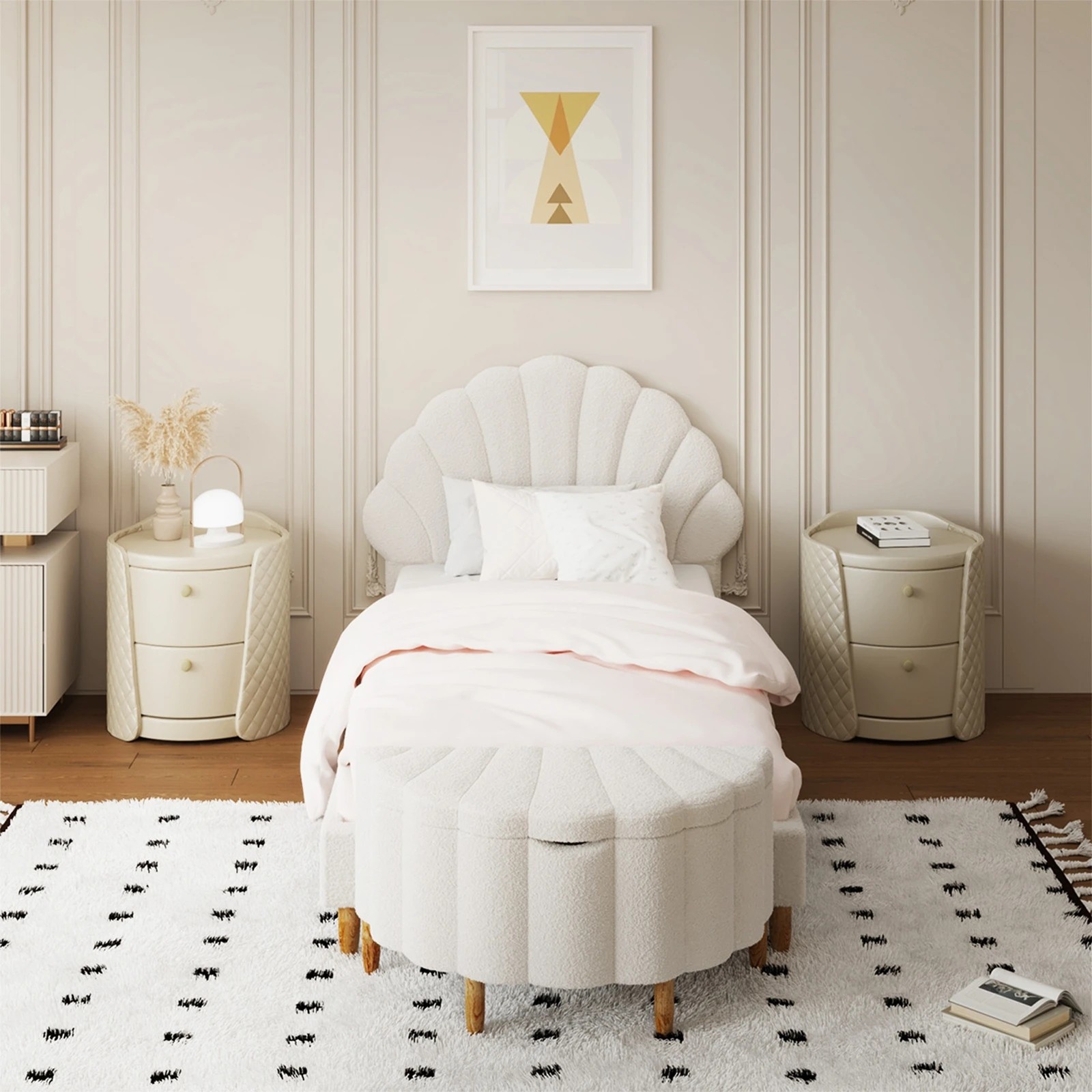 3 Oikiture Boucle Bed Frame with Ottoman Set Scallop Shaped Sherpa Bedhead Single - White, 3 of 9