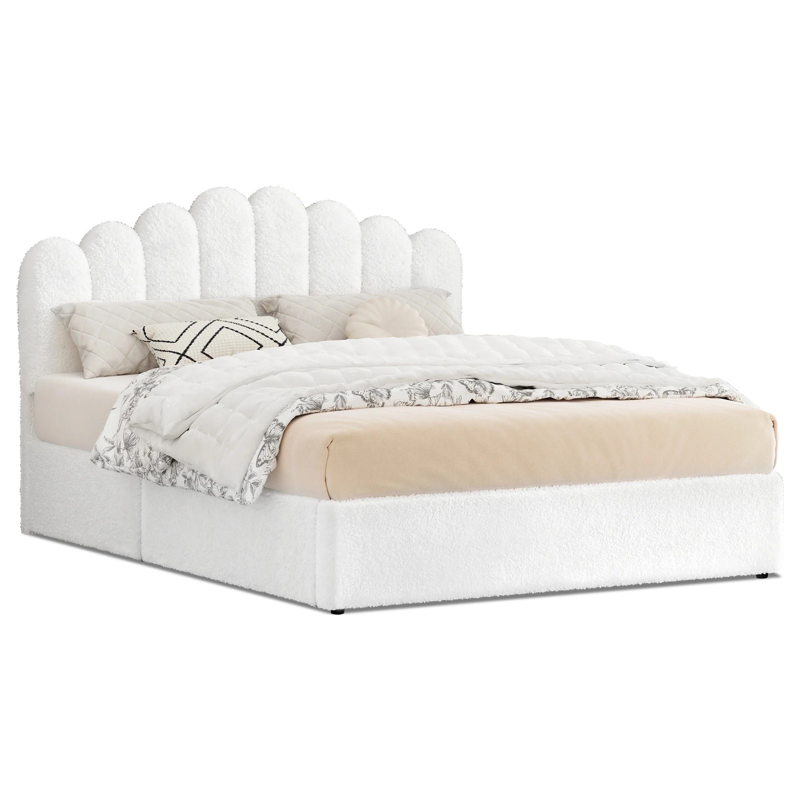 1 Alfordson Bed Frame Queen Size Gas Lift Storage Base Wooden Boucle Mutis - White, 1 of 9