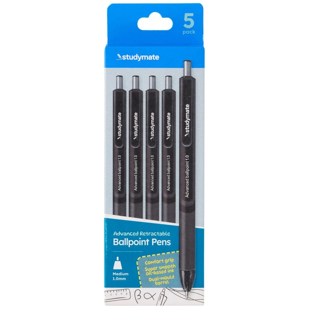 1 Studymate Semi-Gel Retractable Ballpoint Pen Black 5 Pack, 1 of 4