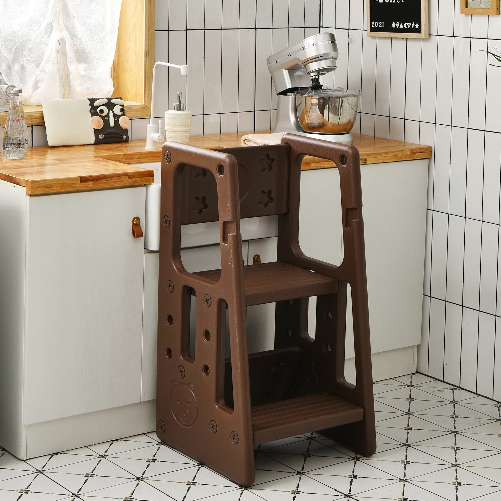 3 Costway Kids Step Stool Adjustable Tower - Brown, 3 of 4