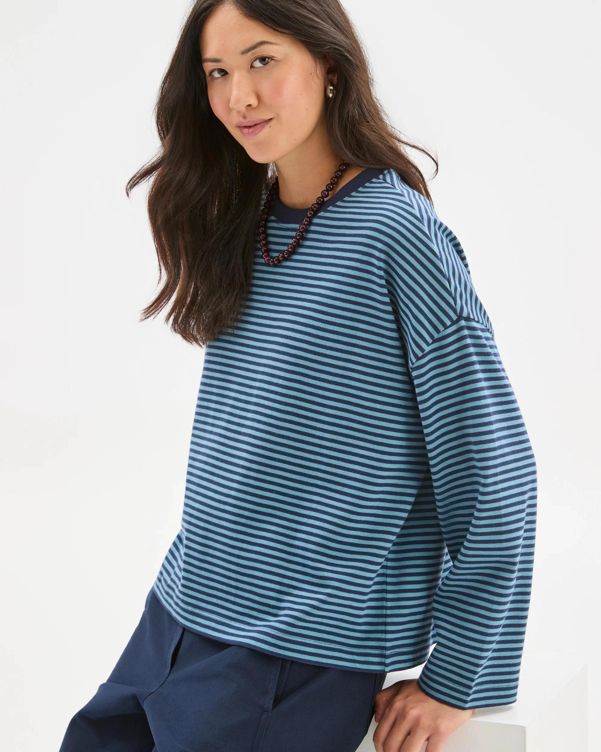 4 Target Woman Australian Cotton Long Sleeve Heavyweight Oversized T-Shirt INK NAVY/DUSTY BLUE STRIPE, 4 of 8