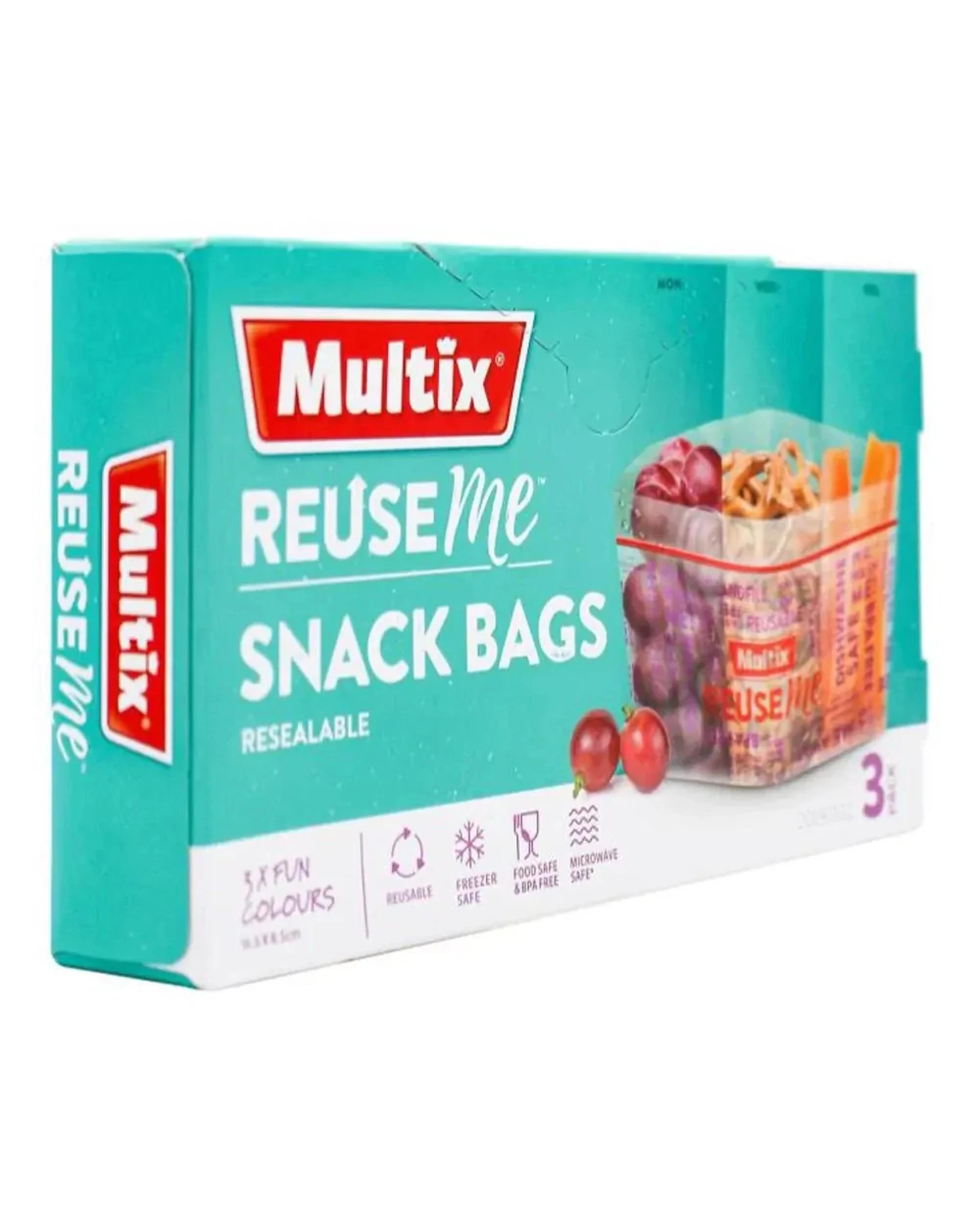 2 Multix Reuse Me Snack Bags 3 Pk Resealable BPA Free Microwave Safe 16.5x8.5cm, 2 of 2