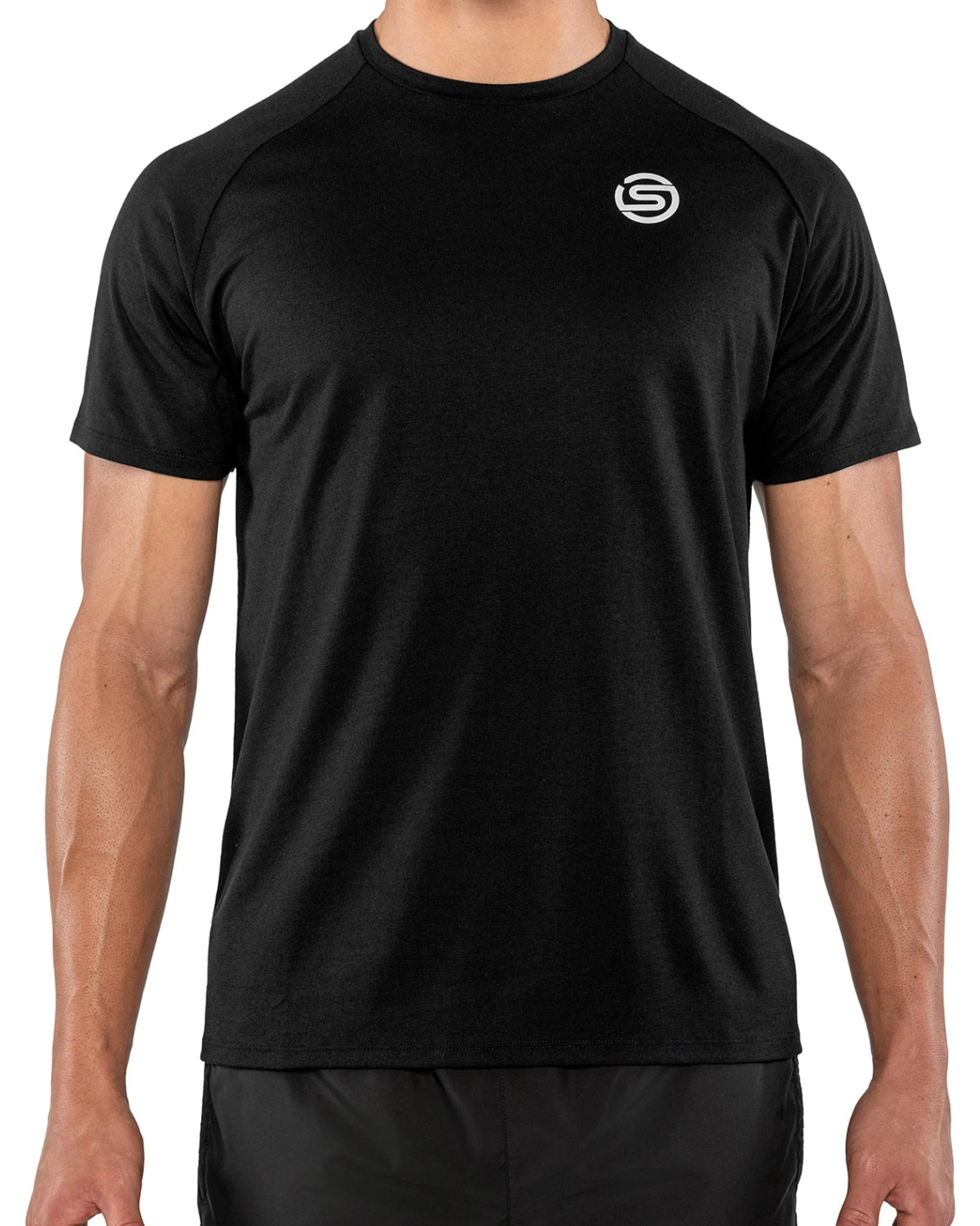 1 SKINS Activewear Mens Raglan Sleeves Polyester Tee Lightweight BLACK, 1 of 4