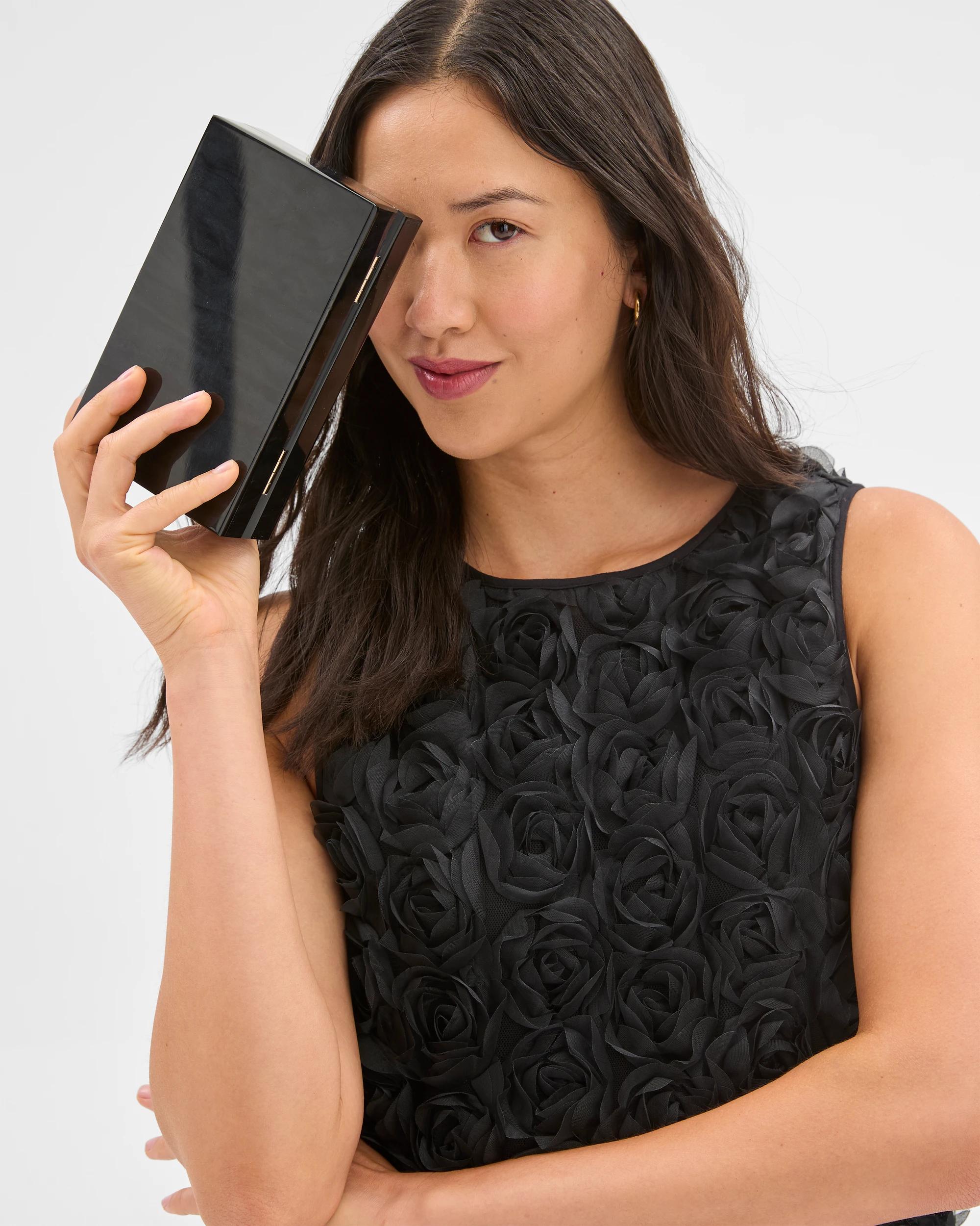 6 Sleeveless Rosette Mini Shift Dress - Preview BLACK, 6 of 6