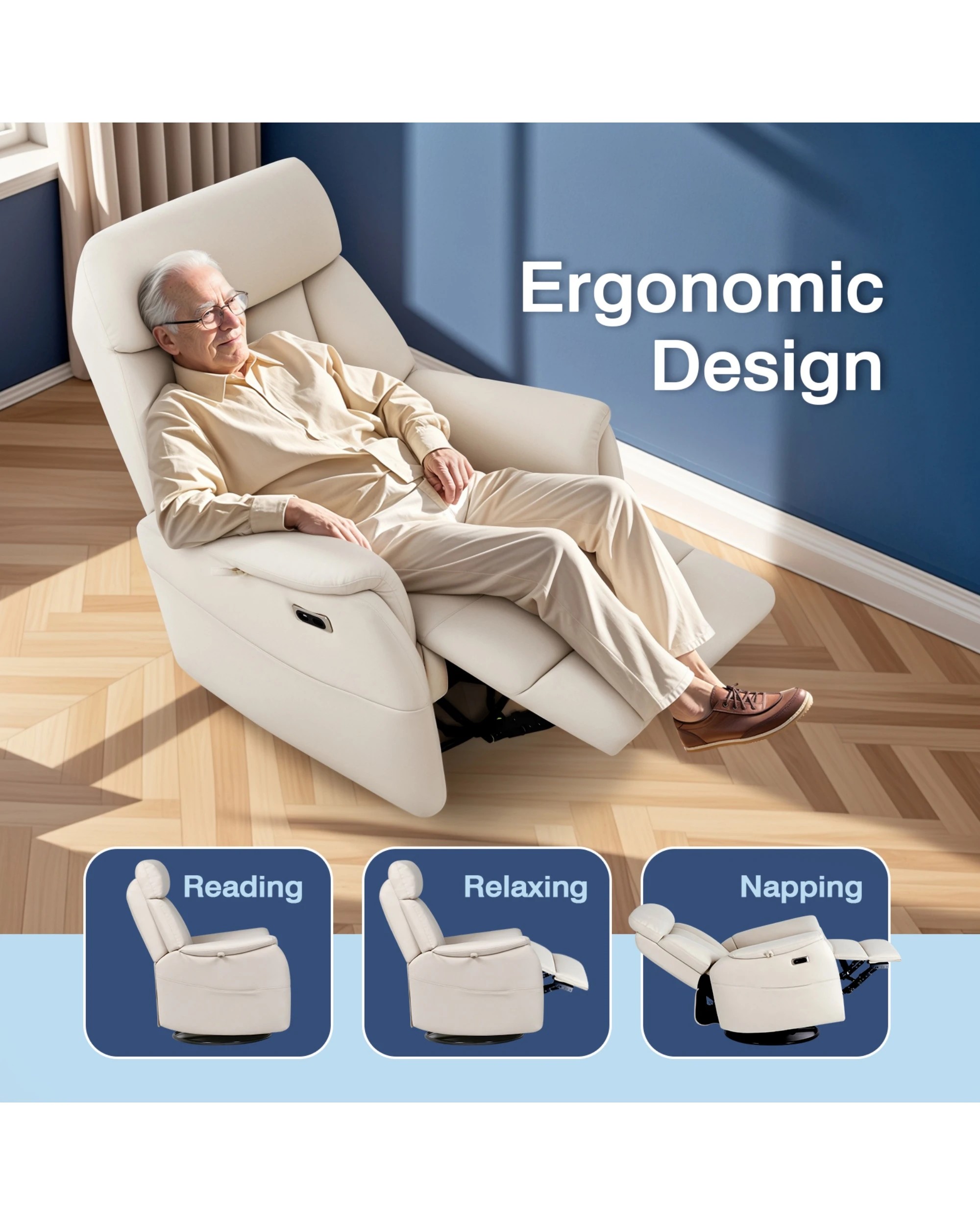 6 Advwin Recliner Chair Electric Heat Massage Chair Rotatable Lounge Armchair Beige, 6 of 8