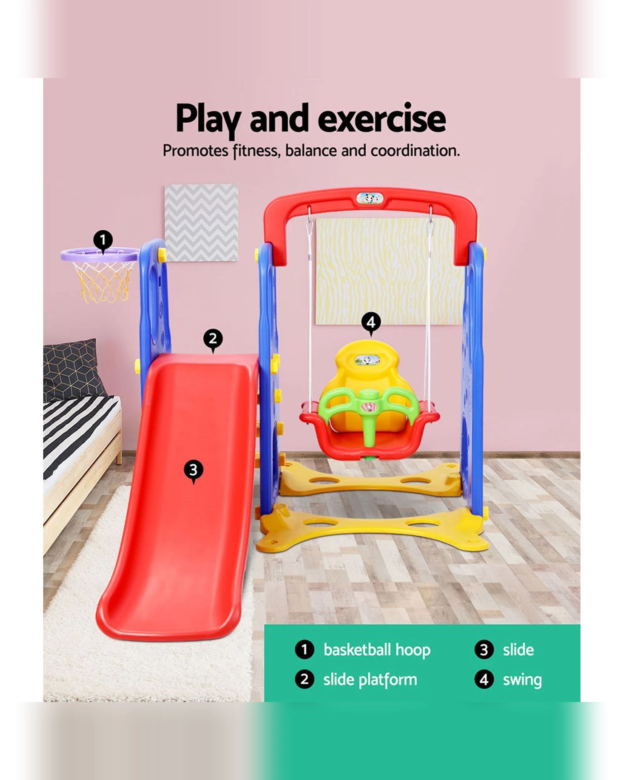 3 Keezi Kids Slide Swing Set Basketball Hoop Outdoor Playground Toys 120cm
 - Multi, 3 of 3