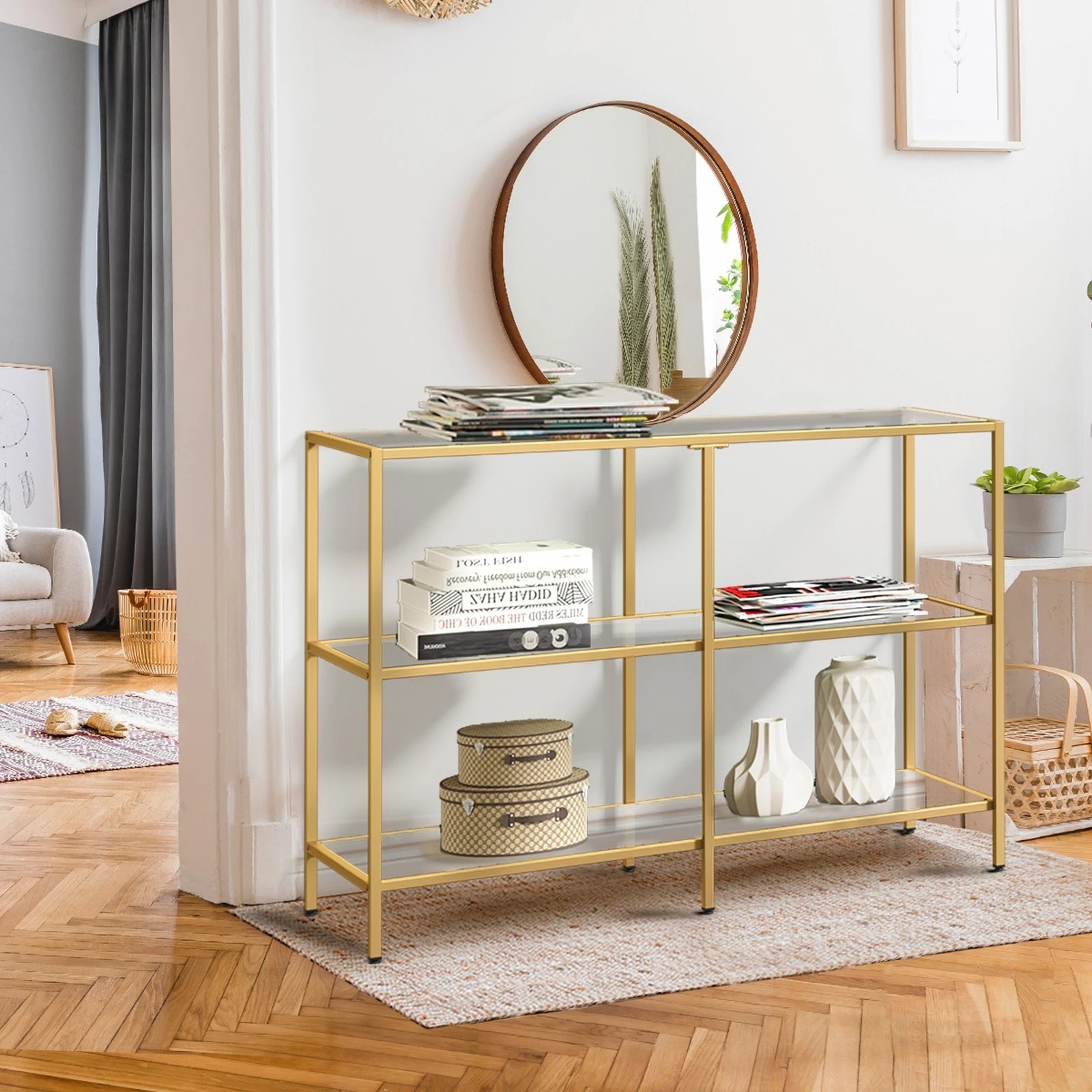 3 Oikiture Console Table Tempered Glass Sofa Table Hall Side Entry 3 Shelves
 - Gold, 3 of 10