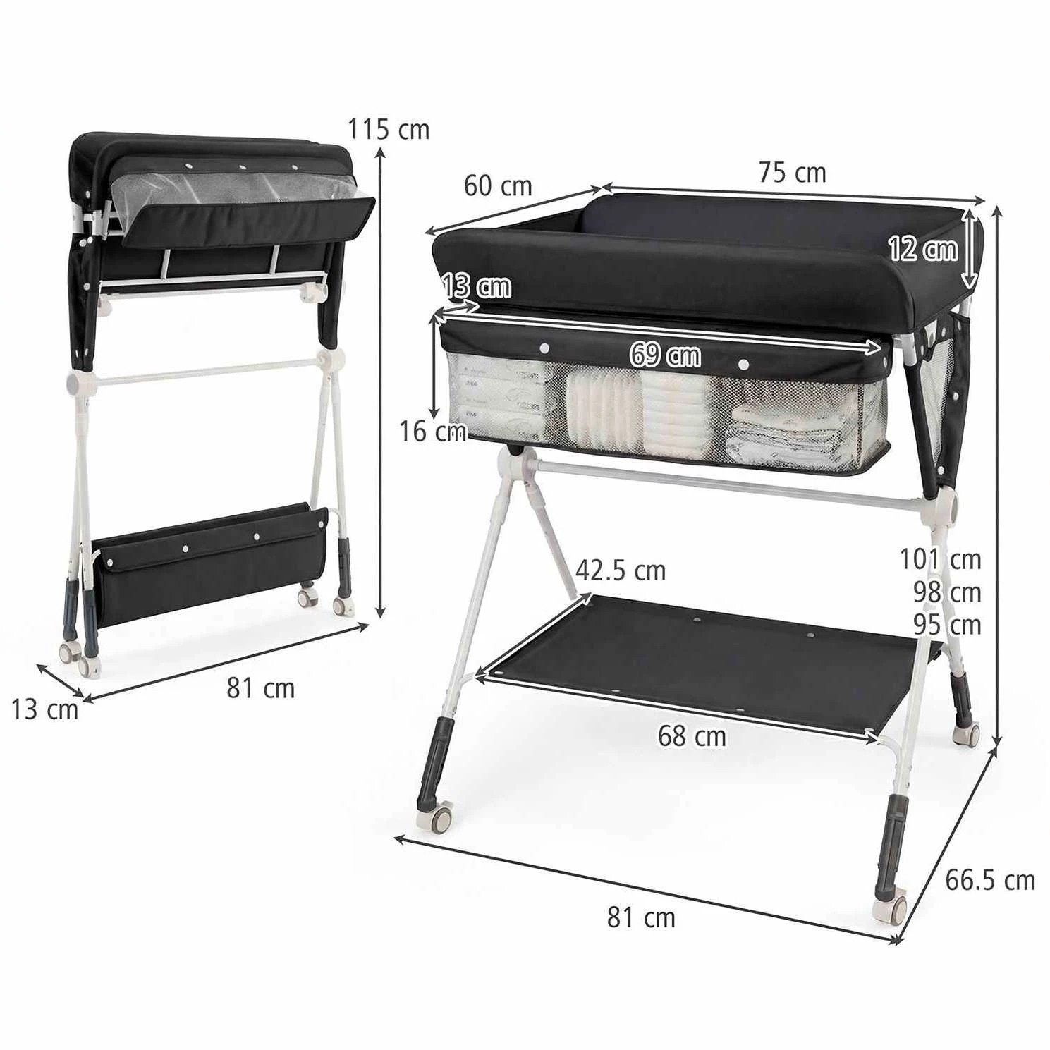 2 Costway Foldable Changing Table Diaper Nursery Organizer w/Wheels - Black, 2 of 2