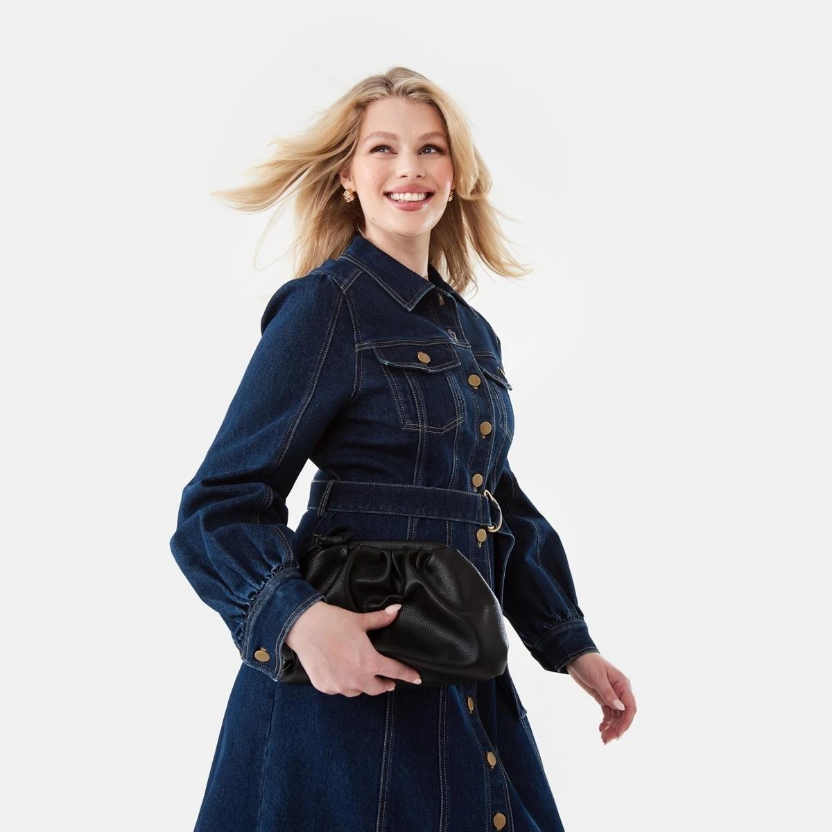 10 Long Sleeve Belted Denim Midi Dress Indigo, 10 of 10