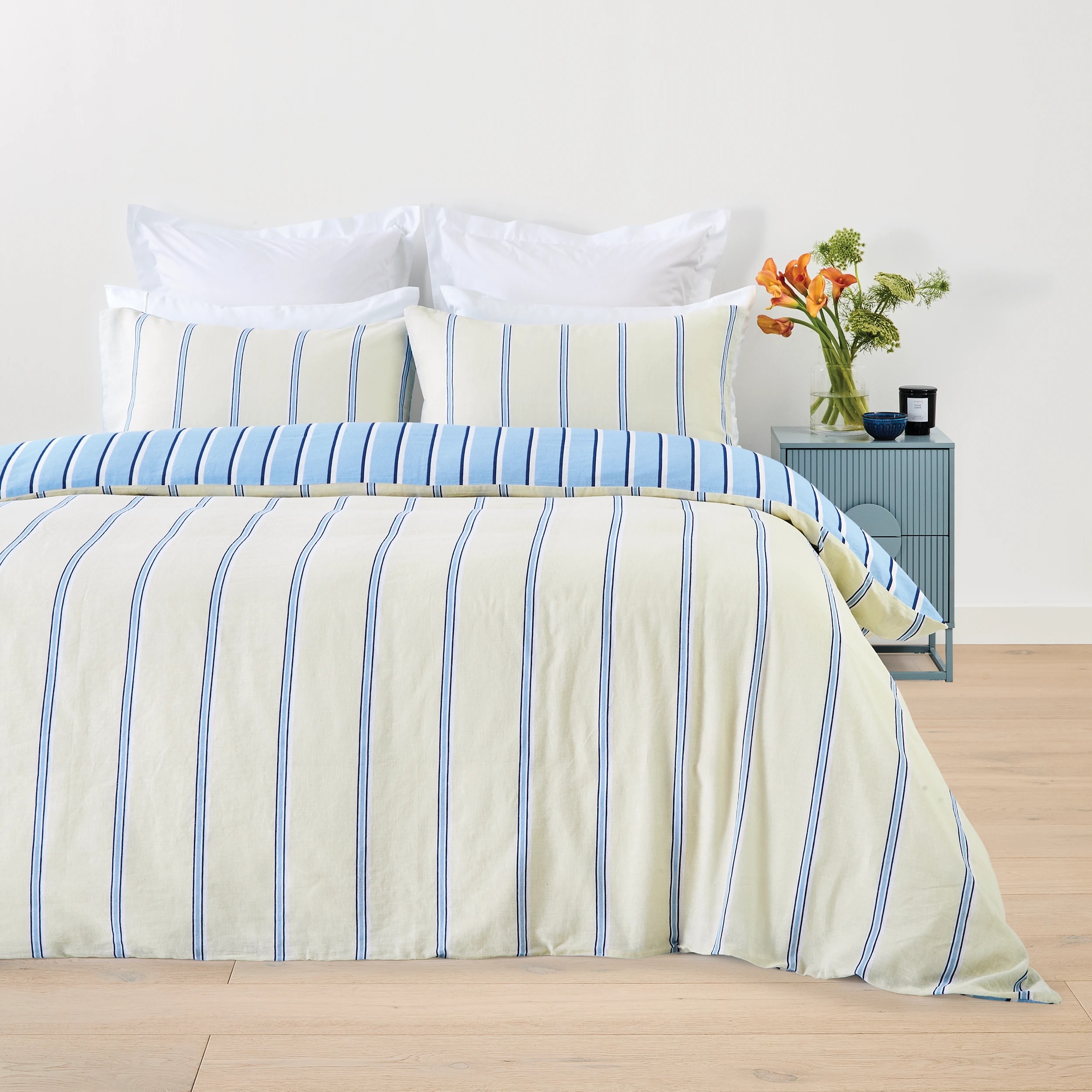 1 Stripe Linen Cotton Reversible Quilt Cover Set - King Bed, Butter, 1 of 9