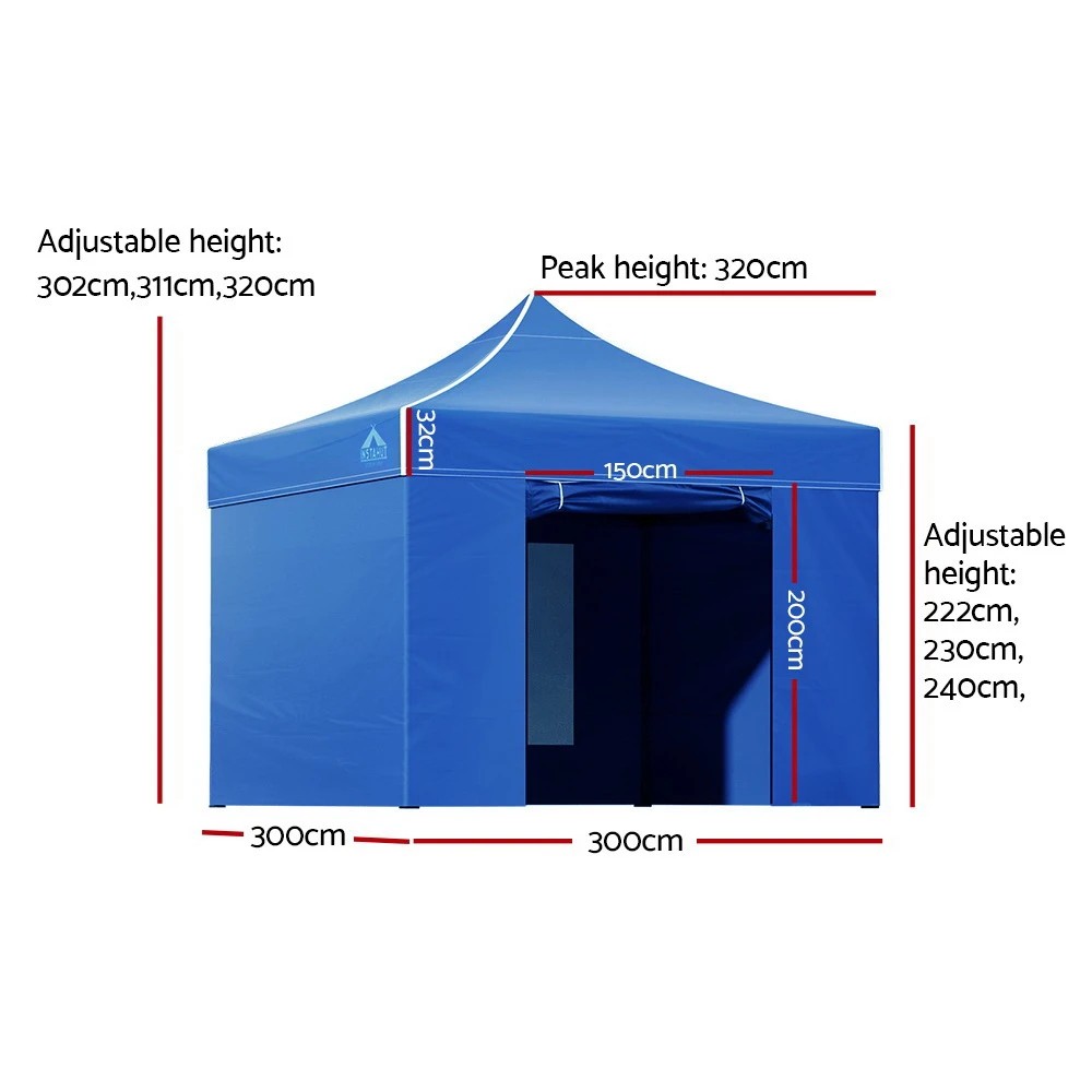2 Instahut Gazebo 3x3 Pop Up Marquee Folding Tent Wedding Gazebos Camping Outdoor Shade Canopy - Blue, 2 of 8