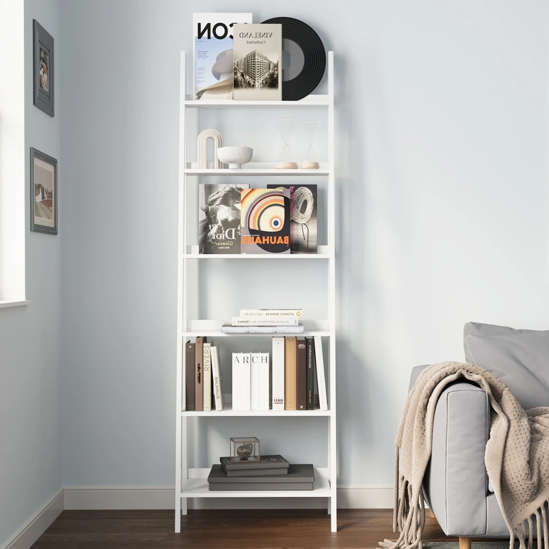 3 Oikiture Bookshelf 6 Tier Corner Ladder Shelf Home Storage Display Rack
 - White, 3 of 9
