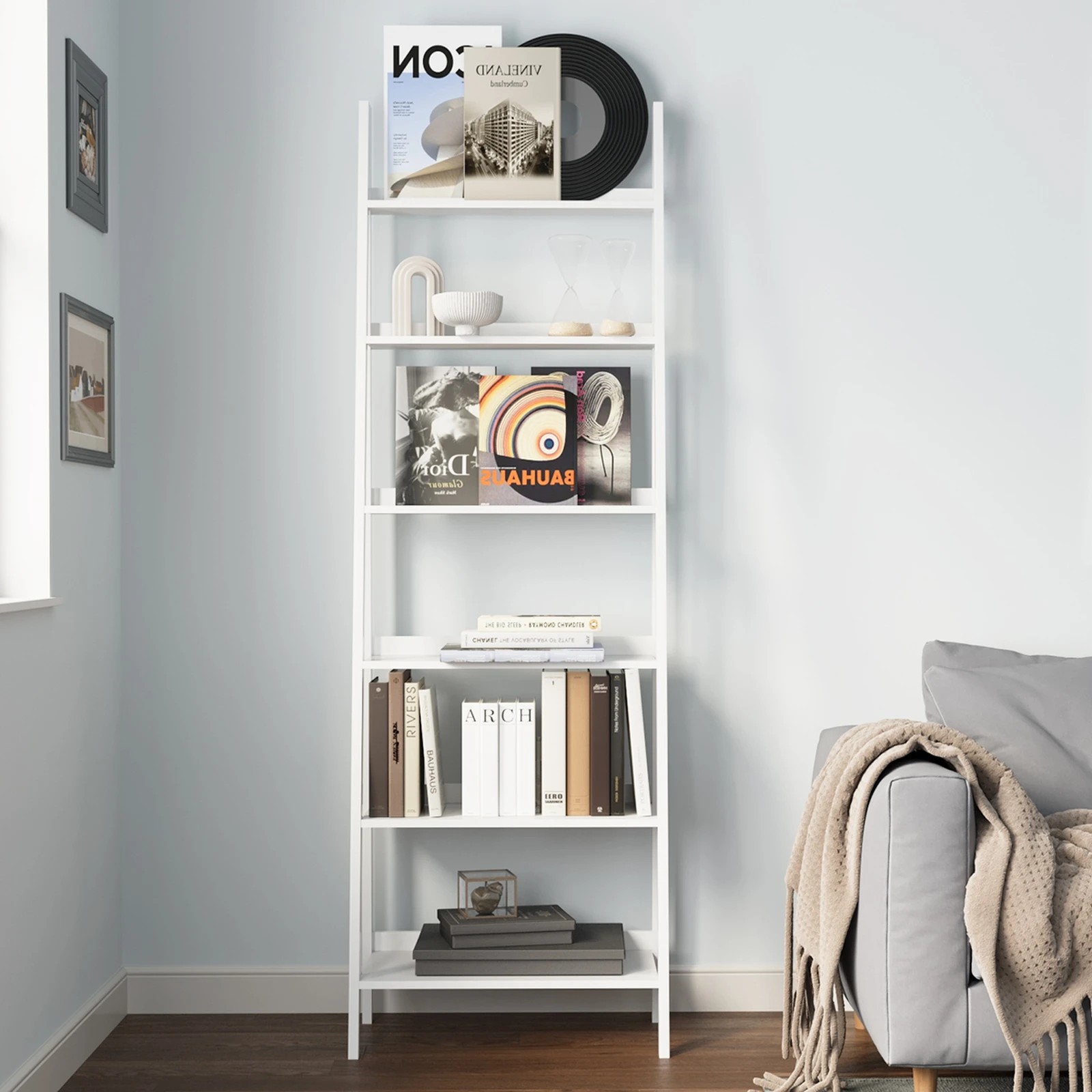 3 Oikiture Bookshelf 6 Tier Corner Ladder Shelf Home Storage Display Rack
 - White, 3 of 9