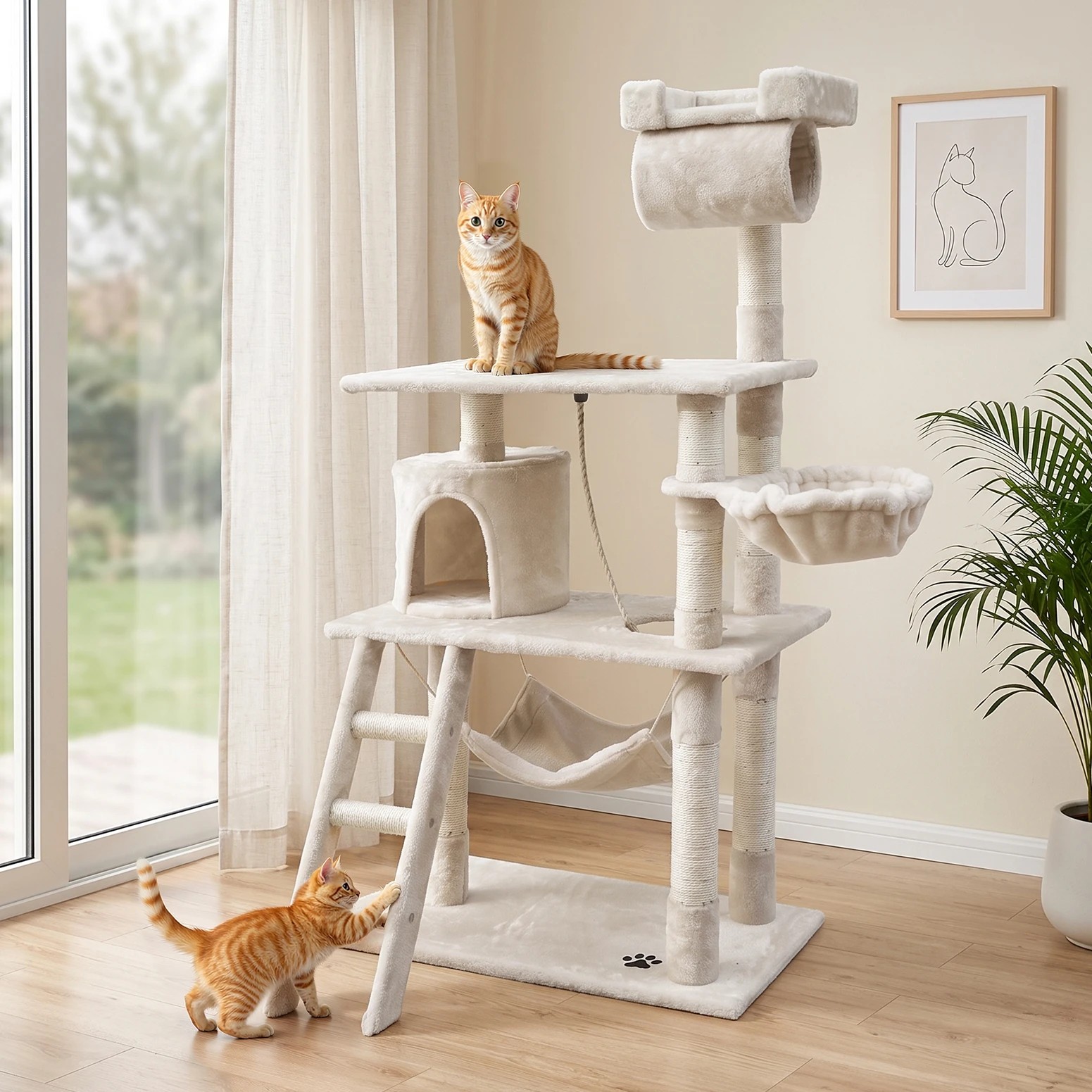 2 i.Pet Cat Tree 141cm Tower Scratching Post Scratcher Condo Wood House Bed - Beige, 2 of 7