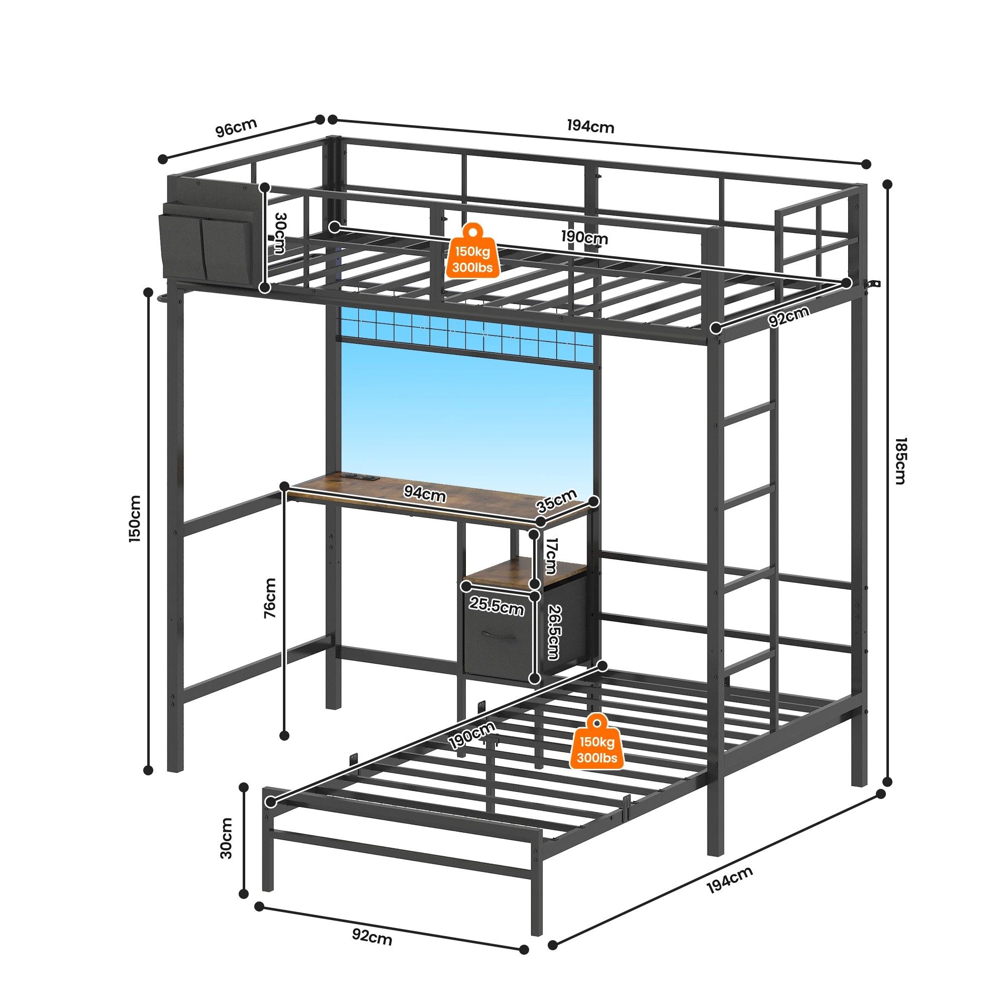 3 Advwin L-Shaped Bunk Bed with Desk Charging Station LED Light King Single - Black, 3 of 8