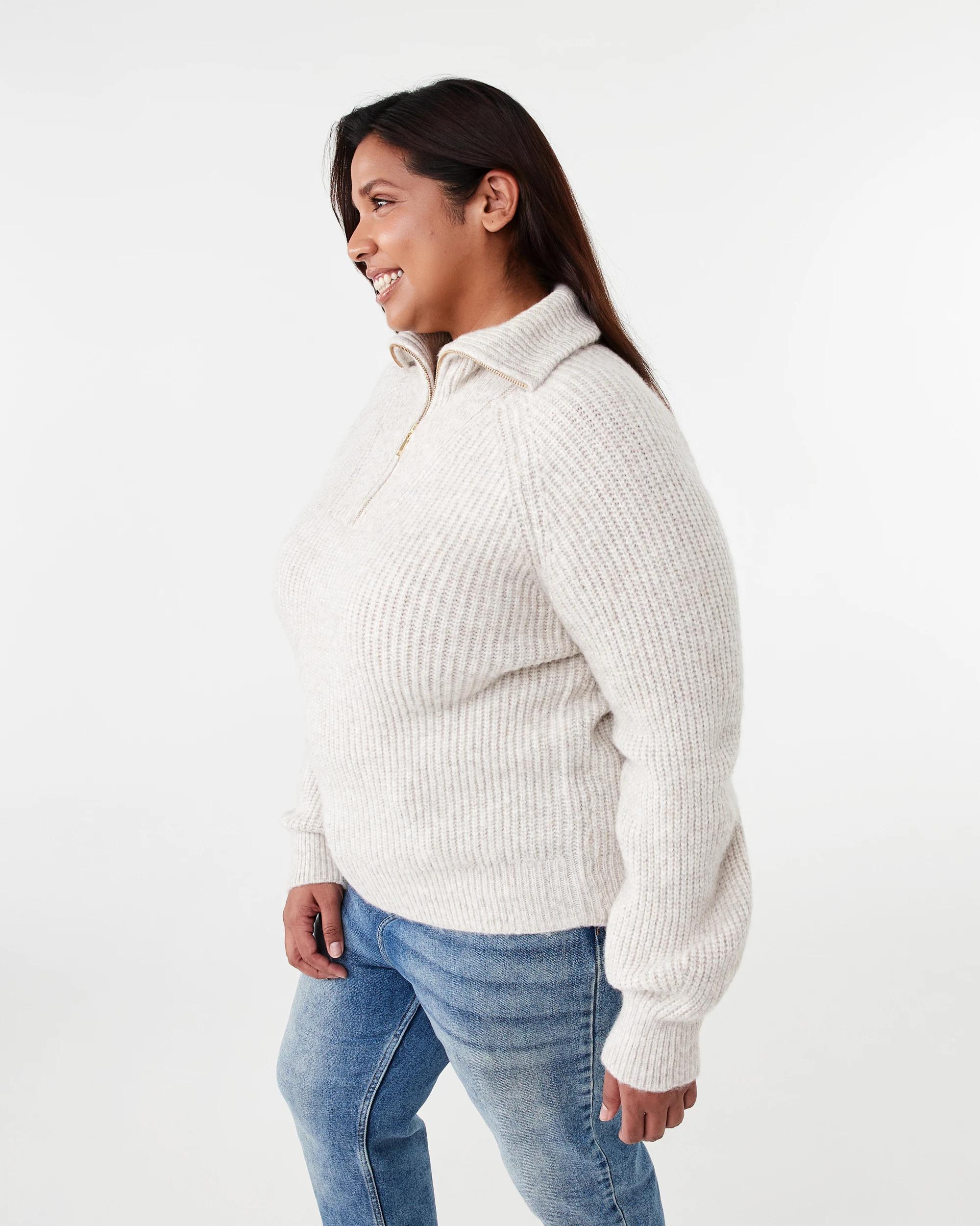 2 Curve Quarter Zip Cable Knit Jumper Nat Beige, 2 of 6