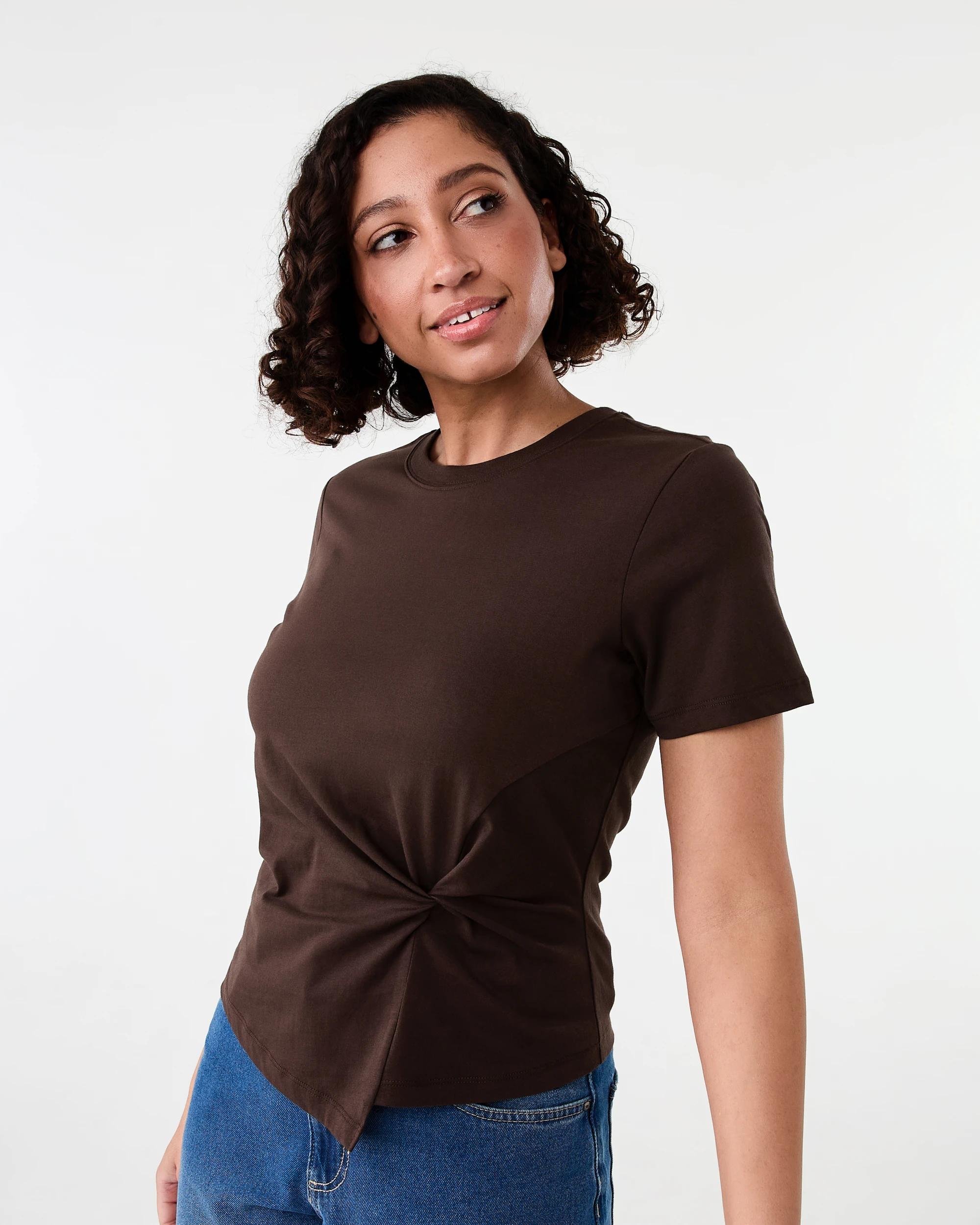 2 Short Sleeve Knot Detail T-shirt Melt Brown, 2 of 6