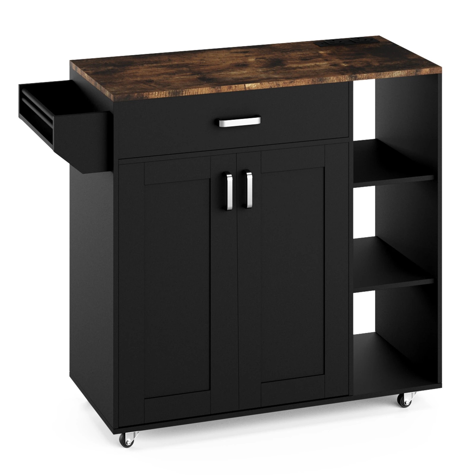 1 Advwin Kitchen Island Cart Rolling Trolley Cabinet on Wheels with Charging Station Adjustable Shelves Spice Rack - Black, 1 of 8