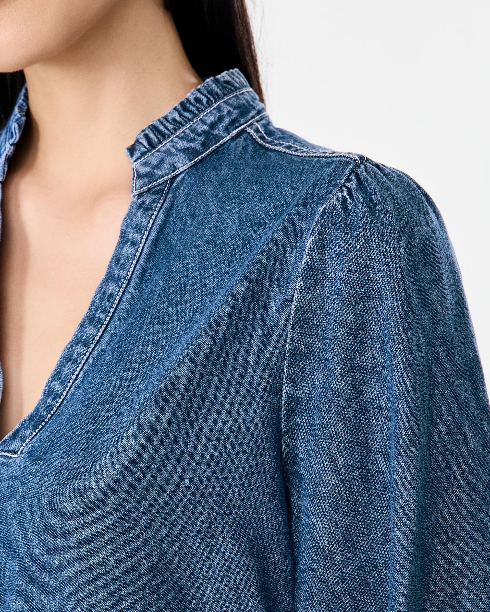 6 Long Sleeve Denim Notch Neck Maxi Dress Mid Wash, 6 of 8