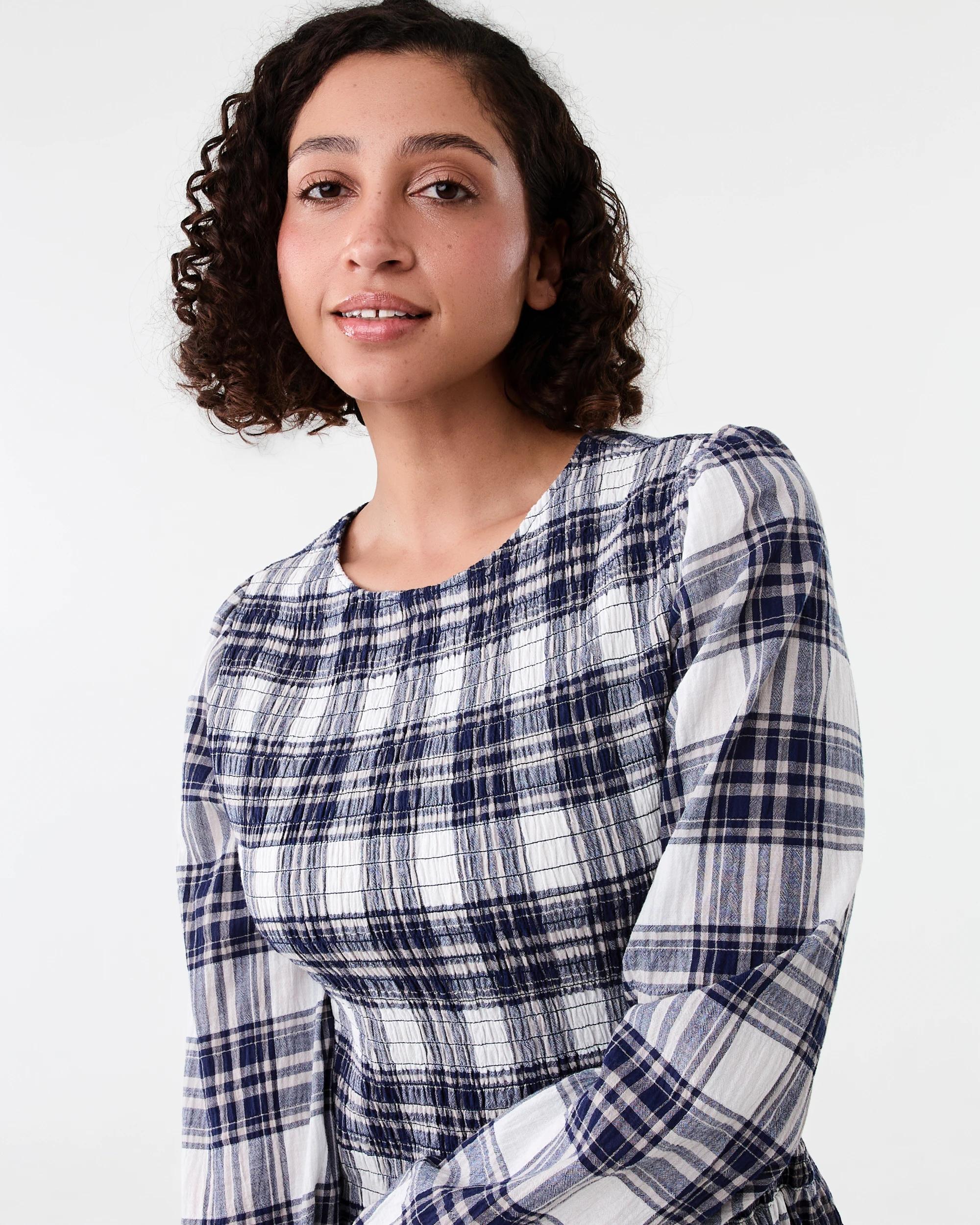 3 Long Sleeve Shirred Mini Dress Check Nvy, 3 of 9