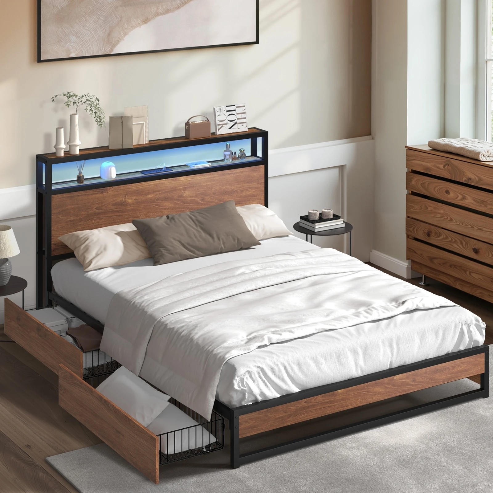 1 Oikiture Metal Bed Frame King Size With Led Headboard Storage Drawers Usb
 - Black, 1 of 7