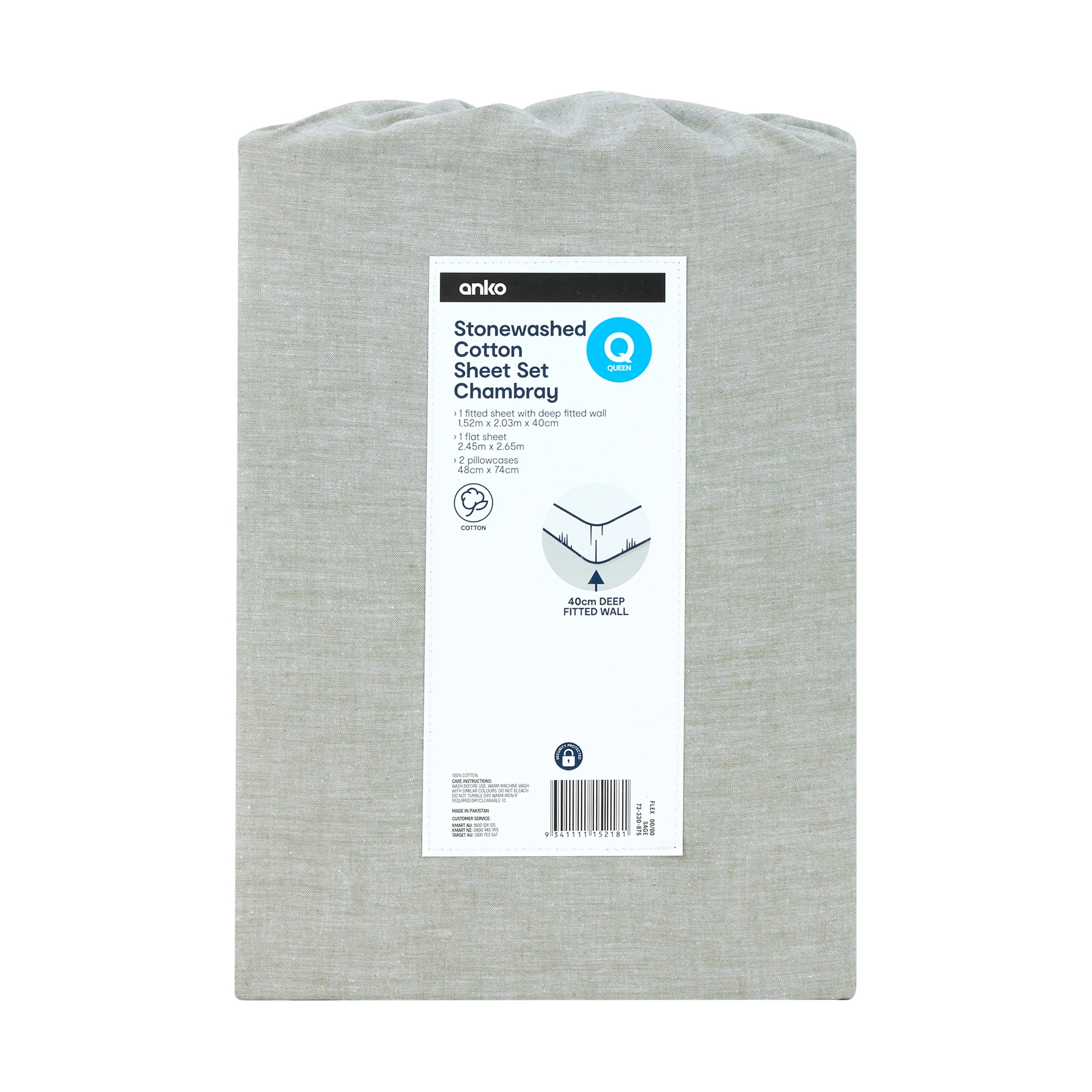 7 Stonewashed Chambray Cotton Sheet Set - Queen Bed, Sage, 7 of 7