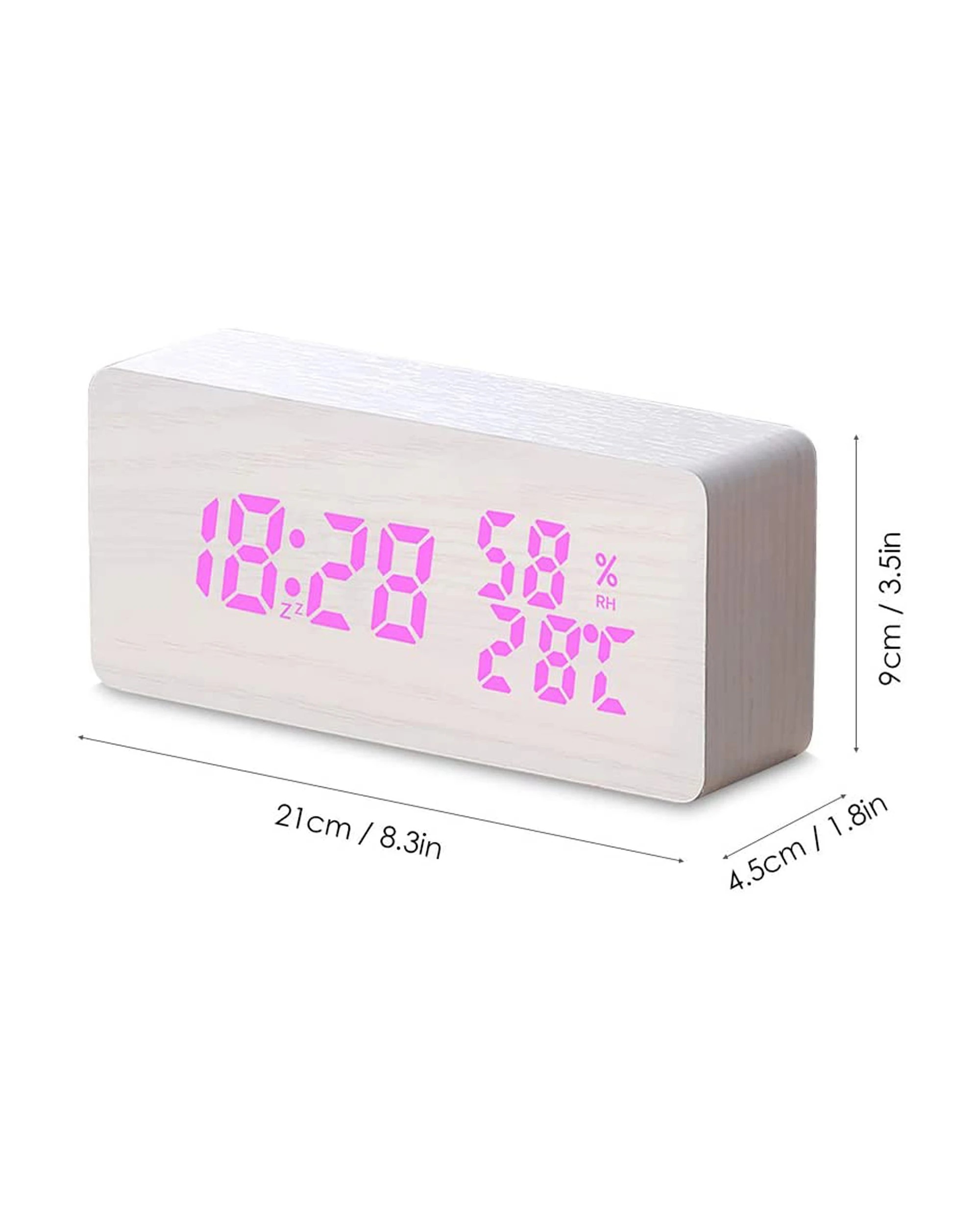 2 LED Digital Alarm Clock Woodgrain Temperature Humidity USB Power - White, 2 of 2