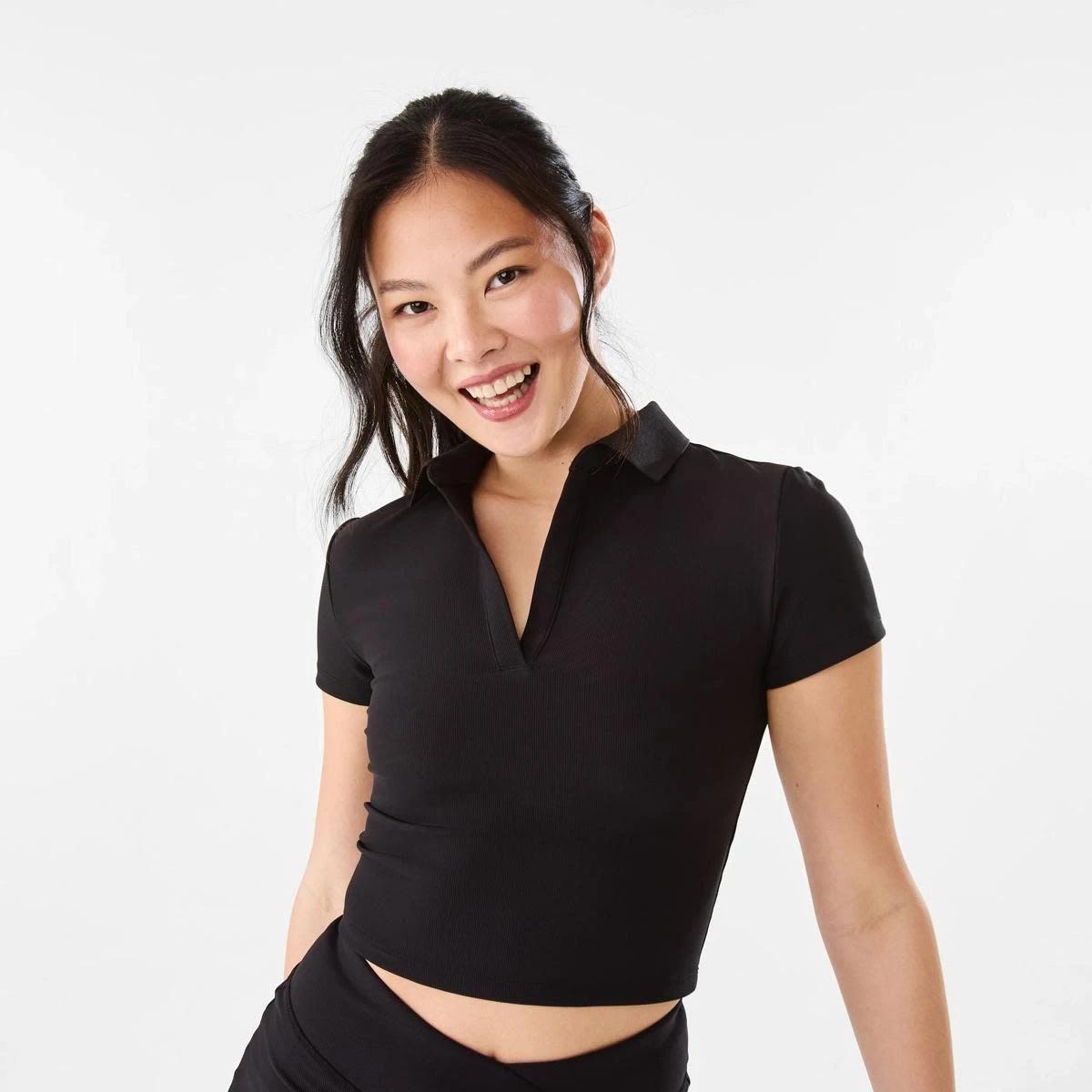 1 Active Womens Collared Baby T-shirt Black, 1 of 7