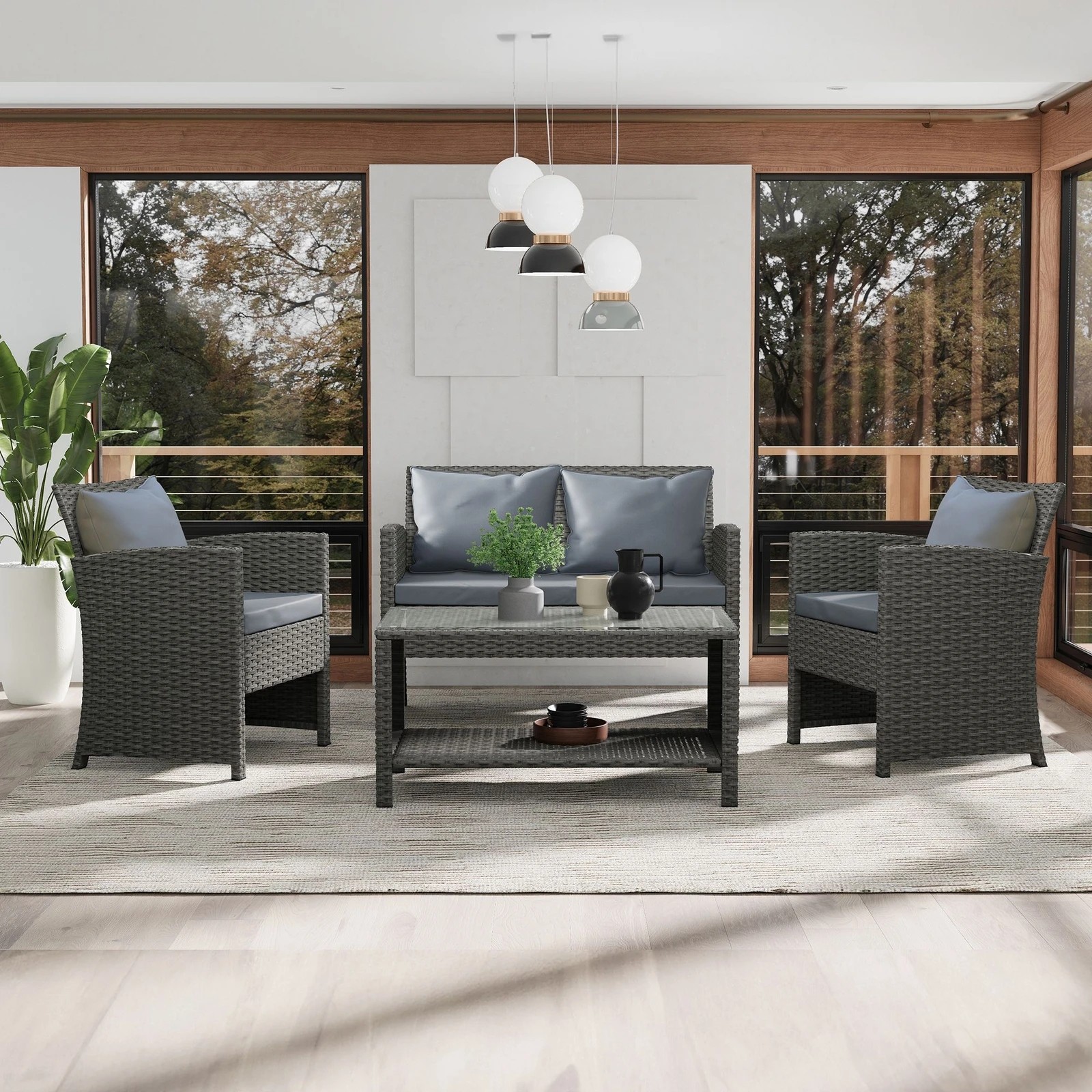 7 Alfordson Outdoor Furniture 4PCS Garden Patio Chairs Table Set Wicker With Pillow - Dark Grey, 7 of 9