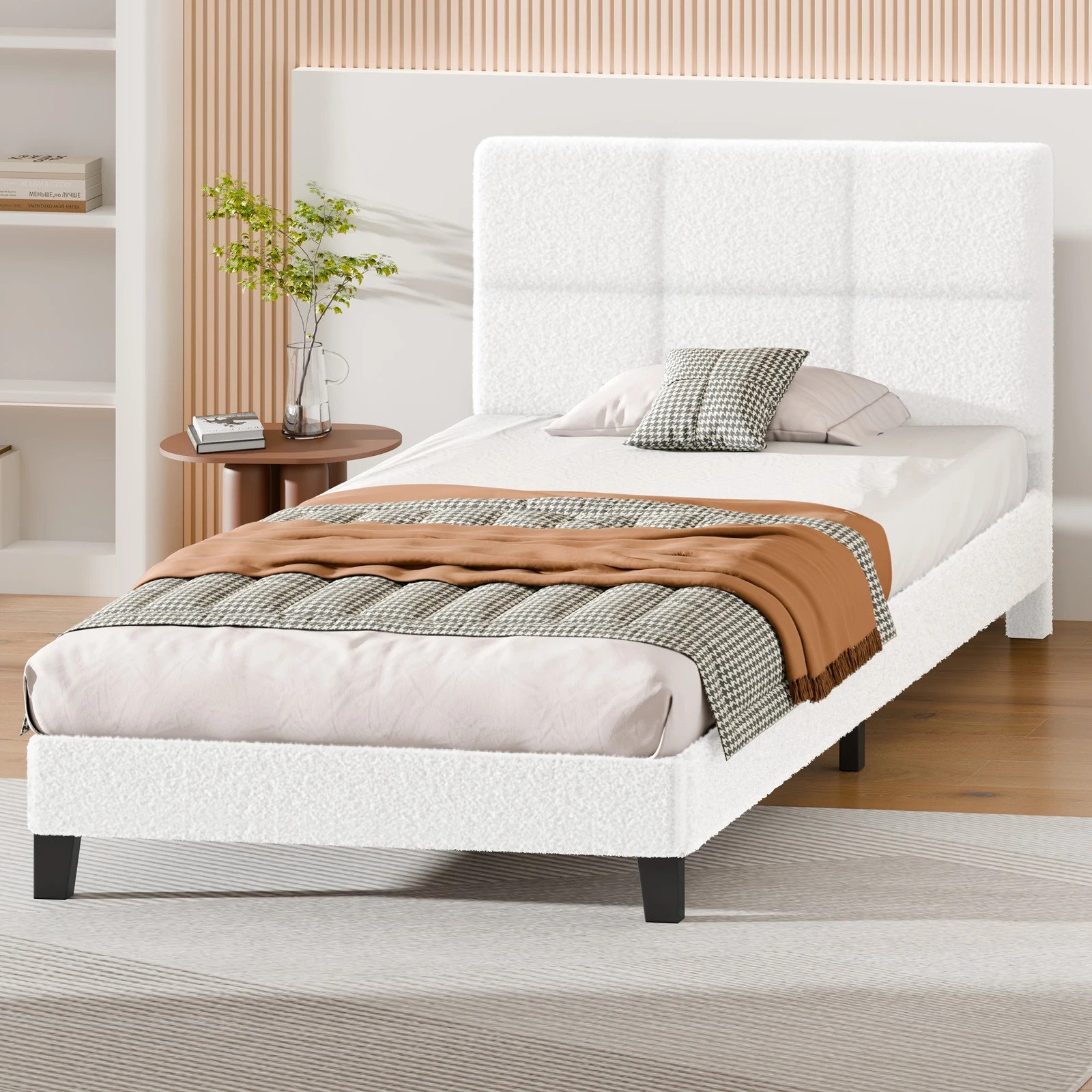 8 Alfordson Bed Frame King Single Wooden Slats Platform Boucle Paula - White, 8 of 9