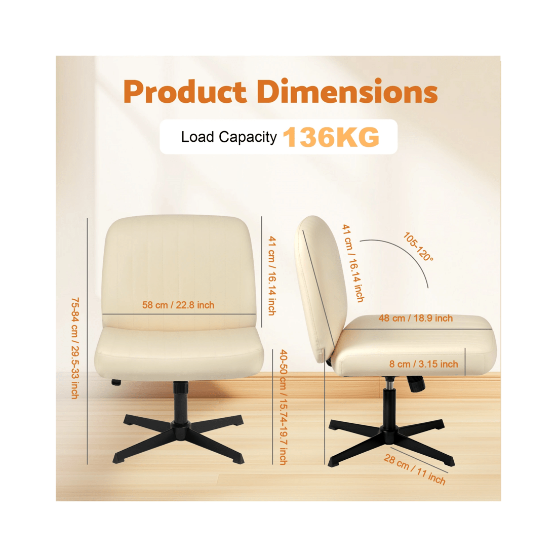 2 Advwin Armless Office Chair Criss-cross  Chair Pu Leather  Ergonomic Computer Chair No Wheel Beige, 2 of 9