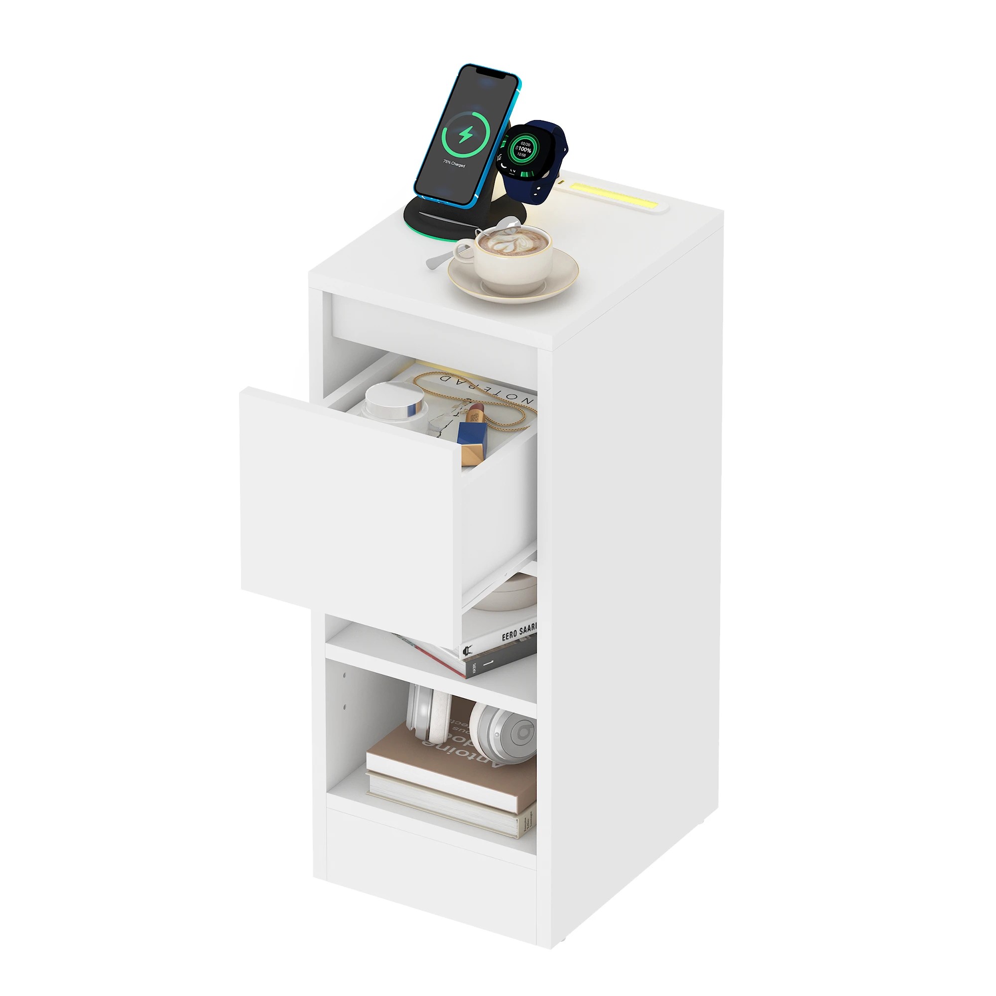 9 Advwin LED End Table Sofa Side Table with Drawers Narrow Bedside Table White - White, 9 of 9