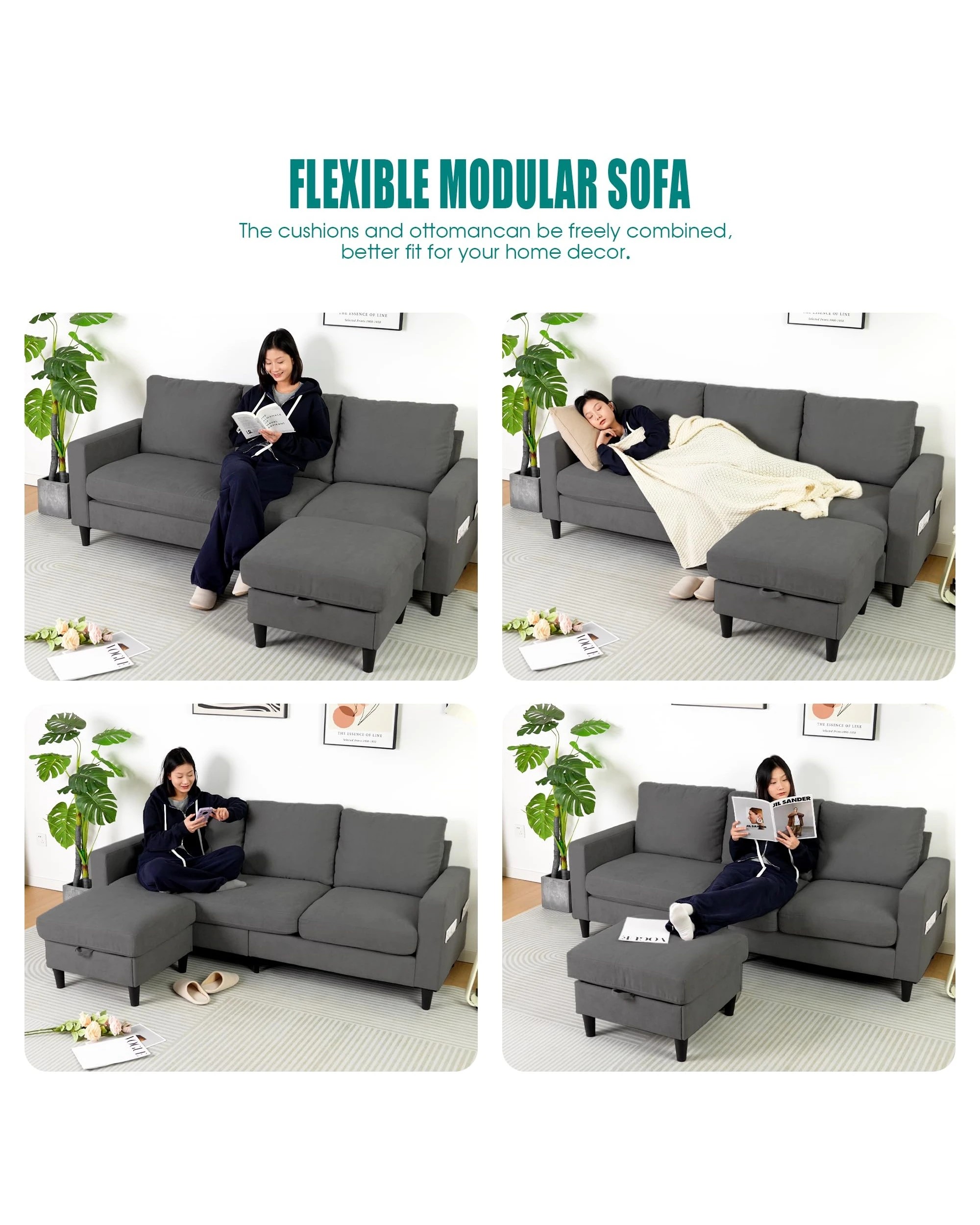 8 Advwin 3 Seater Sofa Modular Corner Lounge Chaise Set With Storage Ottoman Grey, 8 of 9