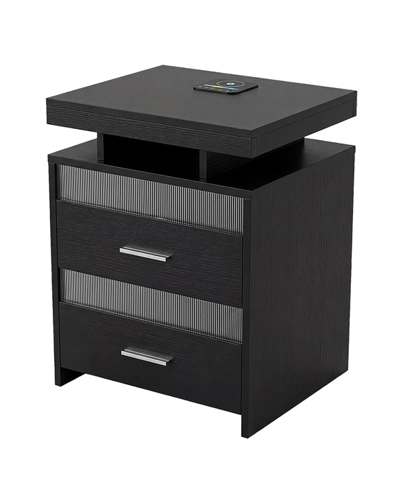 Levede Bedside Table With Charging Station - Black