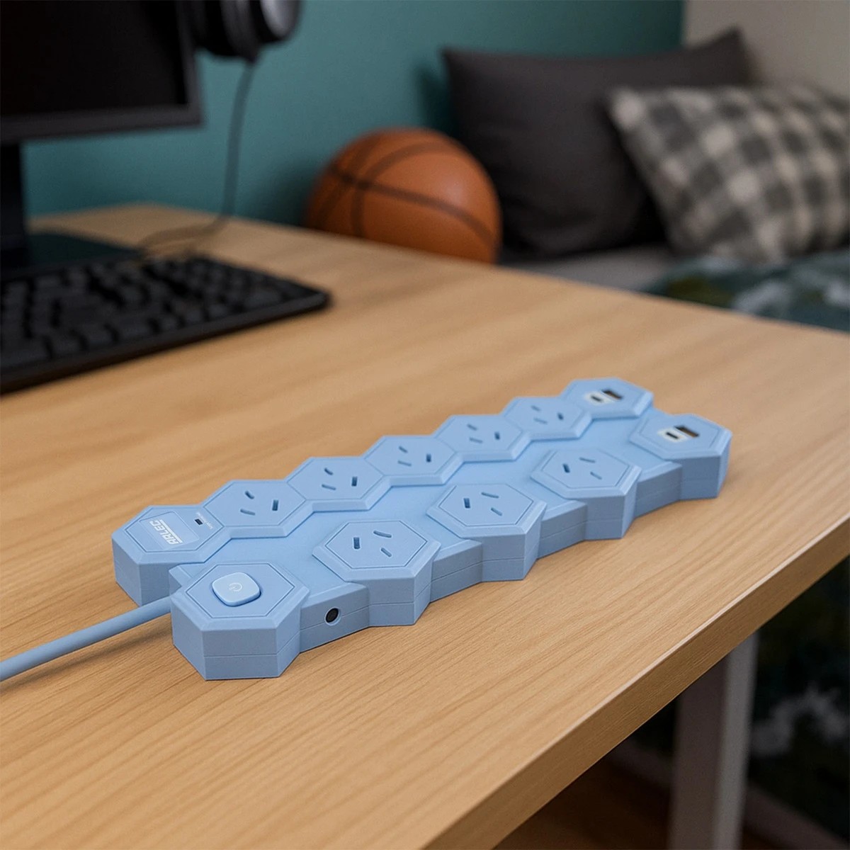 1 Arlec 8 Outlet Hexagon Wide Spaced Outlets & USB A & C Ports Powerboard - Blue, 1 of 7
