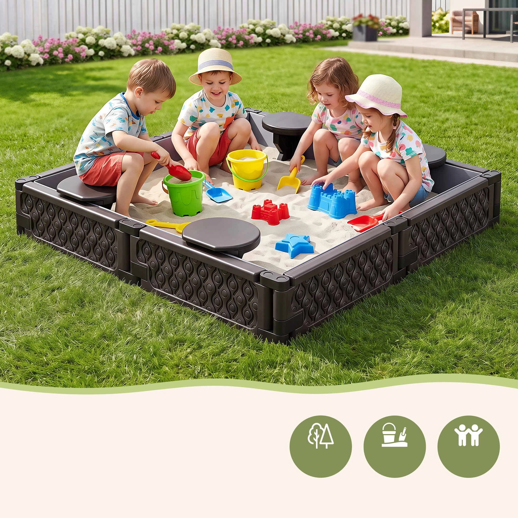 8 Keezi Kids Square Sandpit with Cover and 4 Seats - Brown, 8 of 8