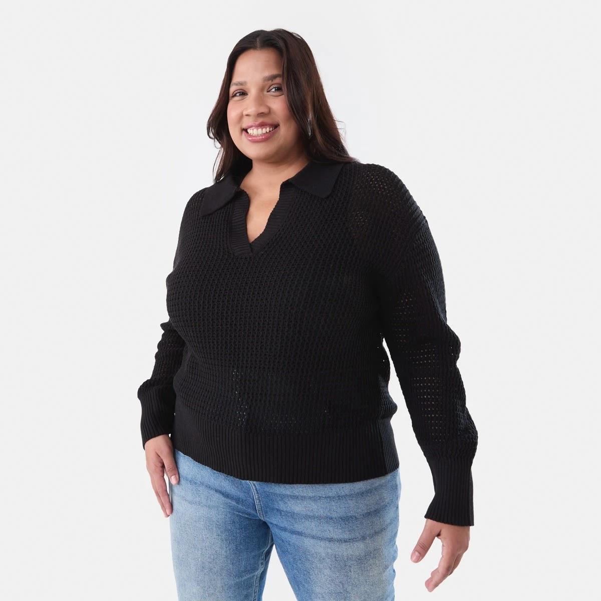 1 Curve Crochet Knit Polo Jumper BLACK, 1 of 5