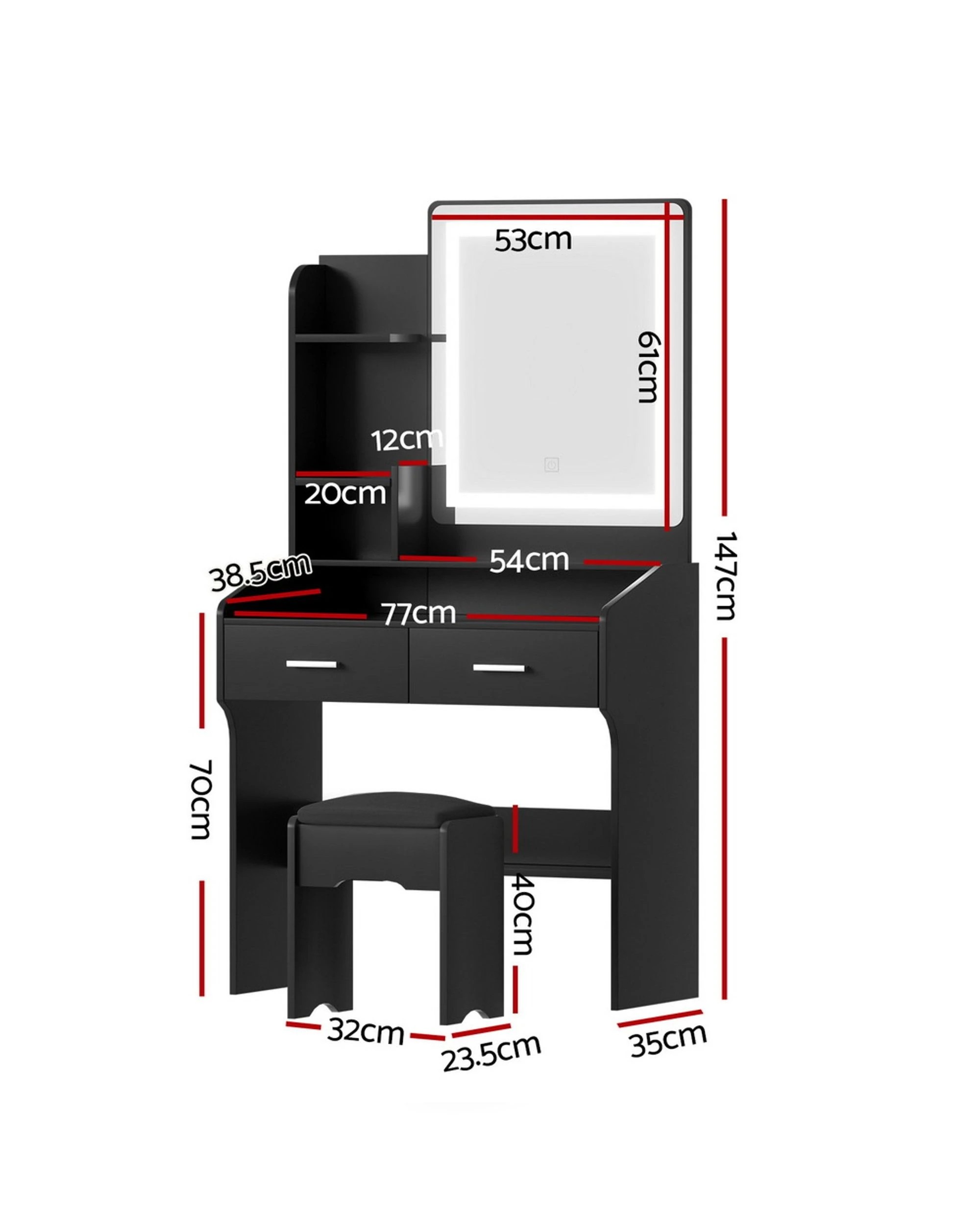 2 Artiss Dressing Table Set Stool Led
 - Black, 2 of 3