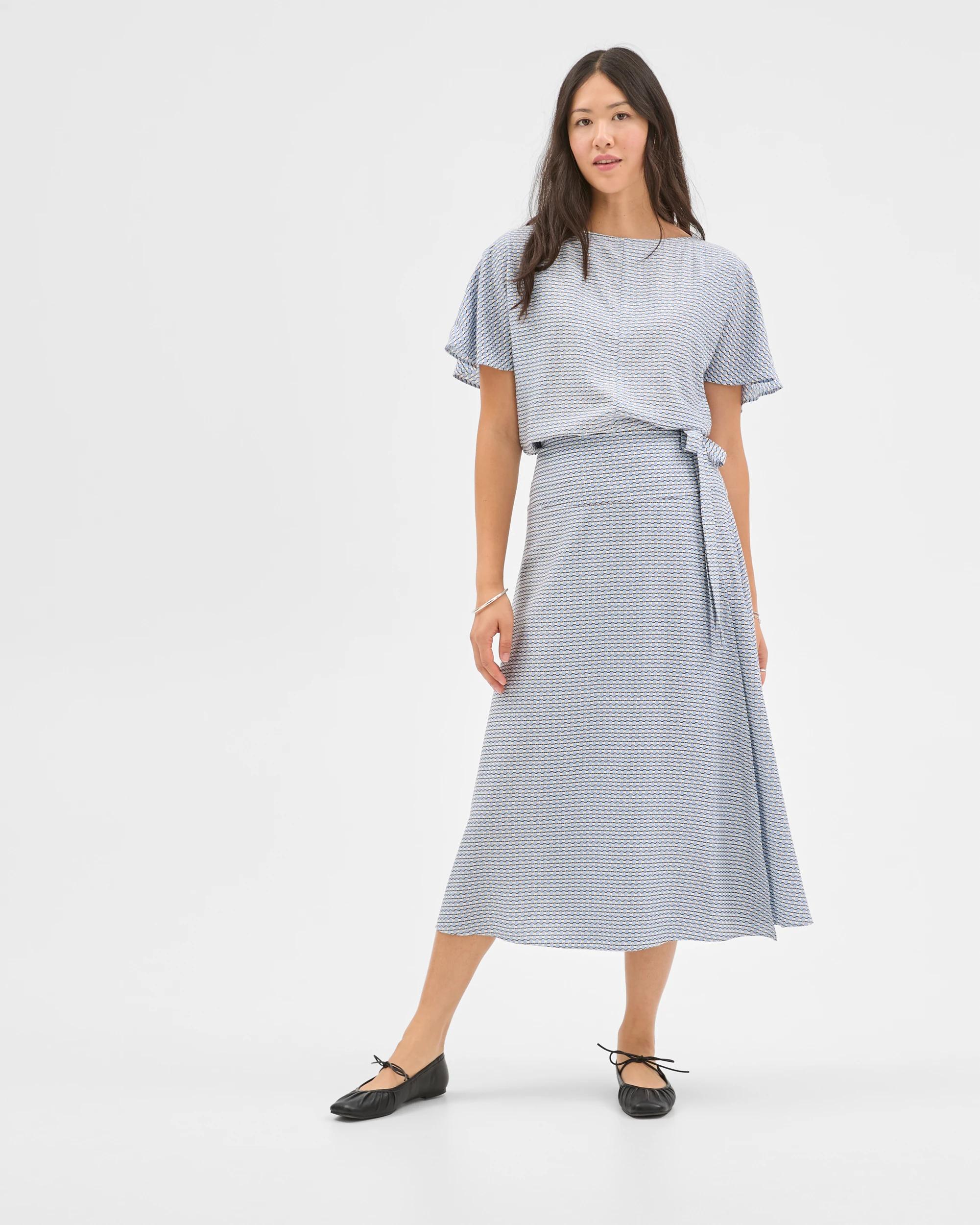 1 Preview Asymmetrical Wrap Front Midi Skirt BLUE MIST MICRO GEO, 1 of 5