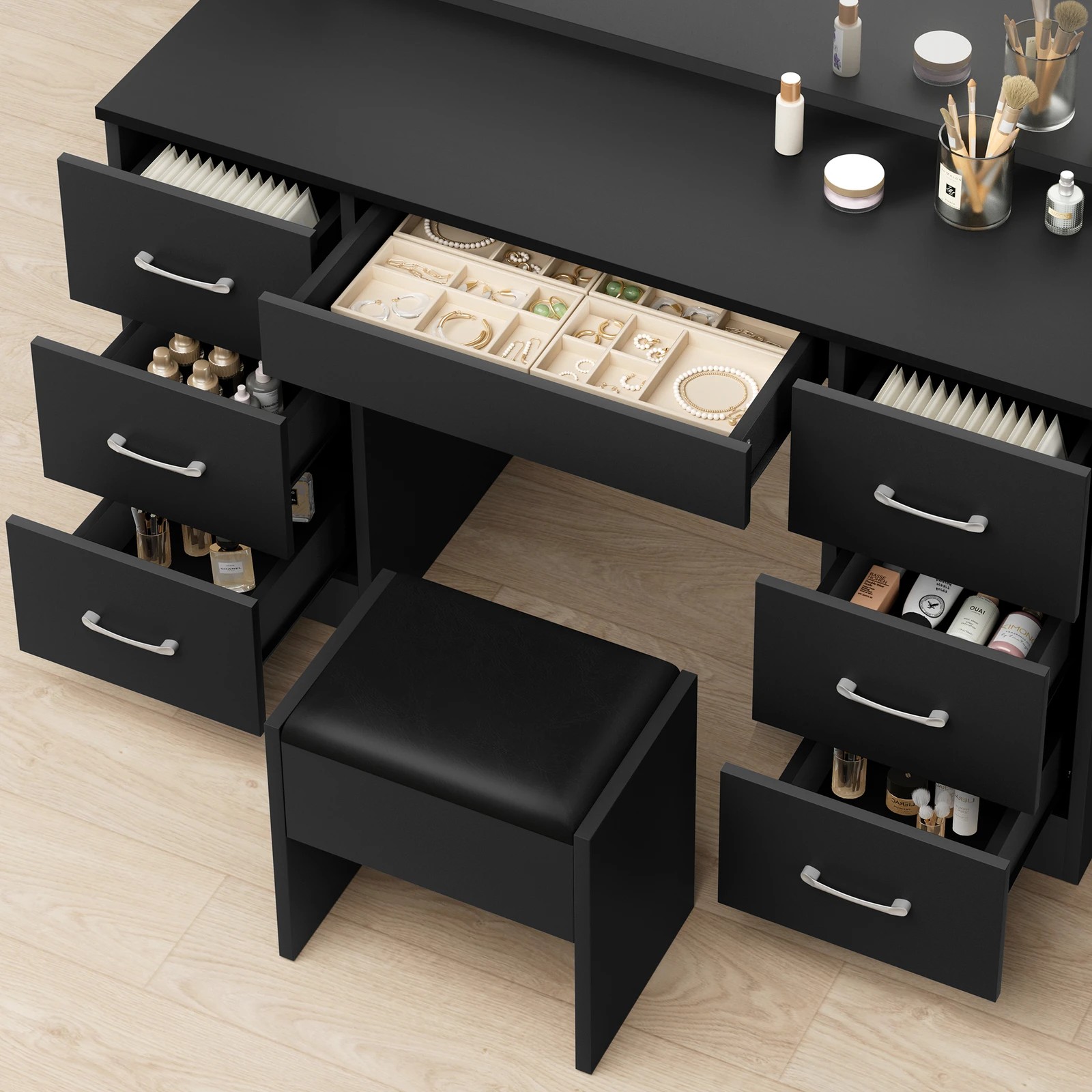 5 Alfordson Dressing Table Stool Set Makeup Mirror Desk LED 10 Bulbs - Black, 5 of 10