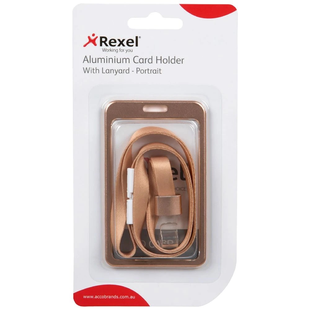 1 Rexel Aluminium Card Holder Portrait with Lanyard Rose Gold, 1 of 2