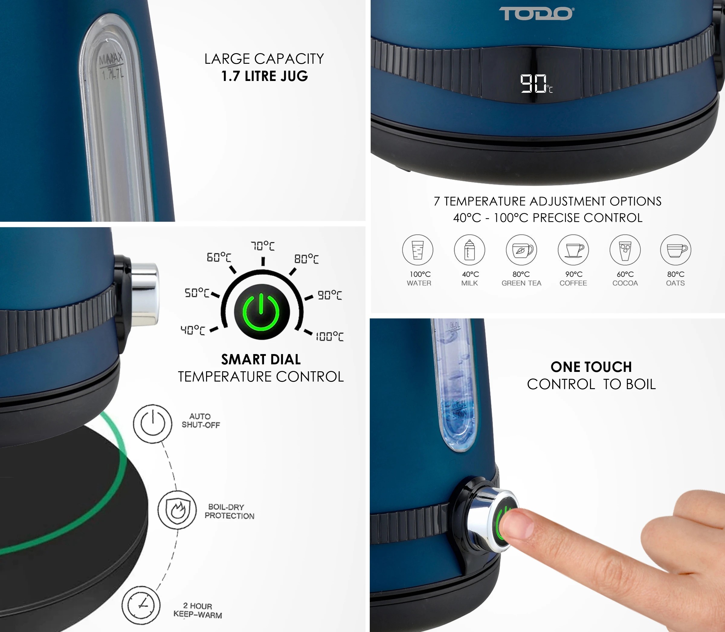 6 TODO 1.7L Stainless Steel Cordless Kettle Keep Warm Electric Led Water Jug - Blue, 6 of 6